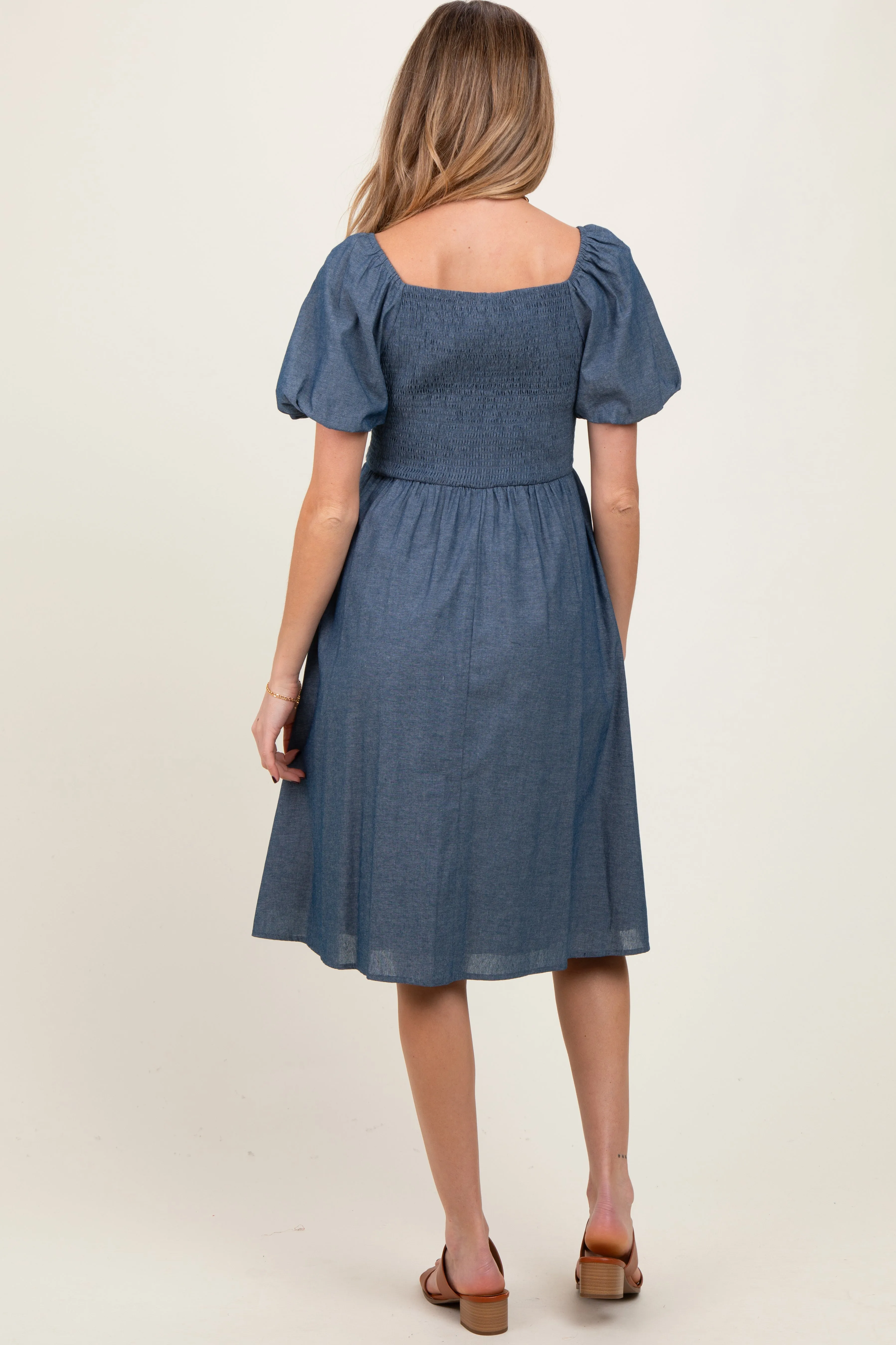 Blue Chambray Floral Embroidered Short Sleeve Maternity Midi Dress sold by Pinkblush product image thumbnail 2