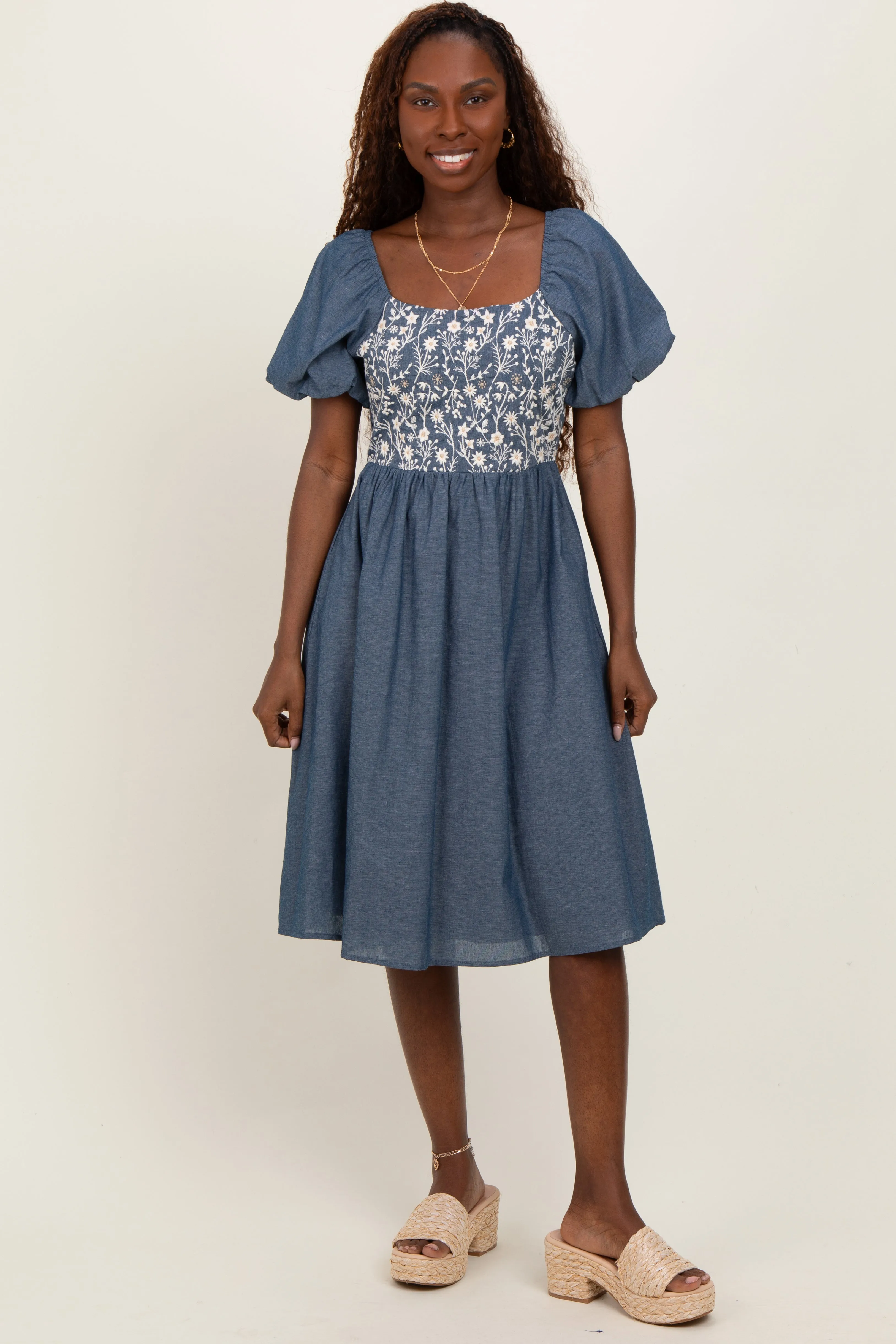 Blue Chambray Floral Embroidered Short Sleeve Maternity Midi Dress sold by Pinkblush product image thumbnail 3