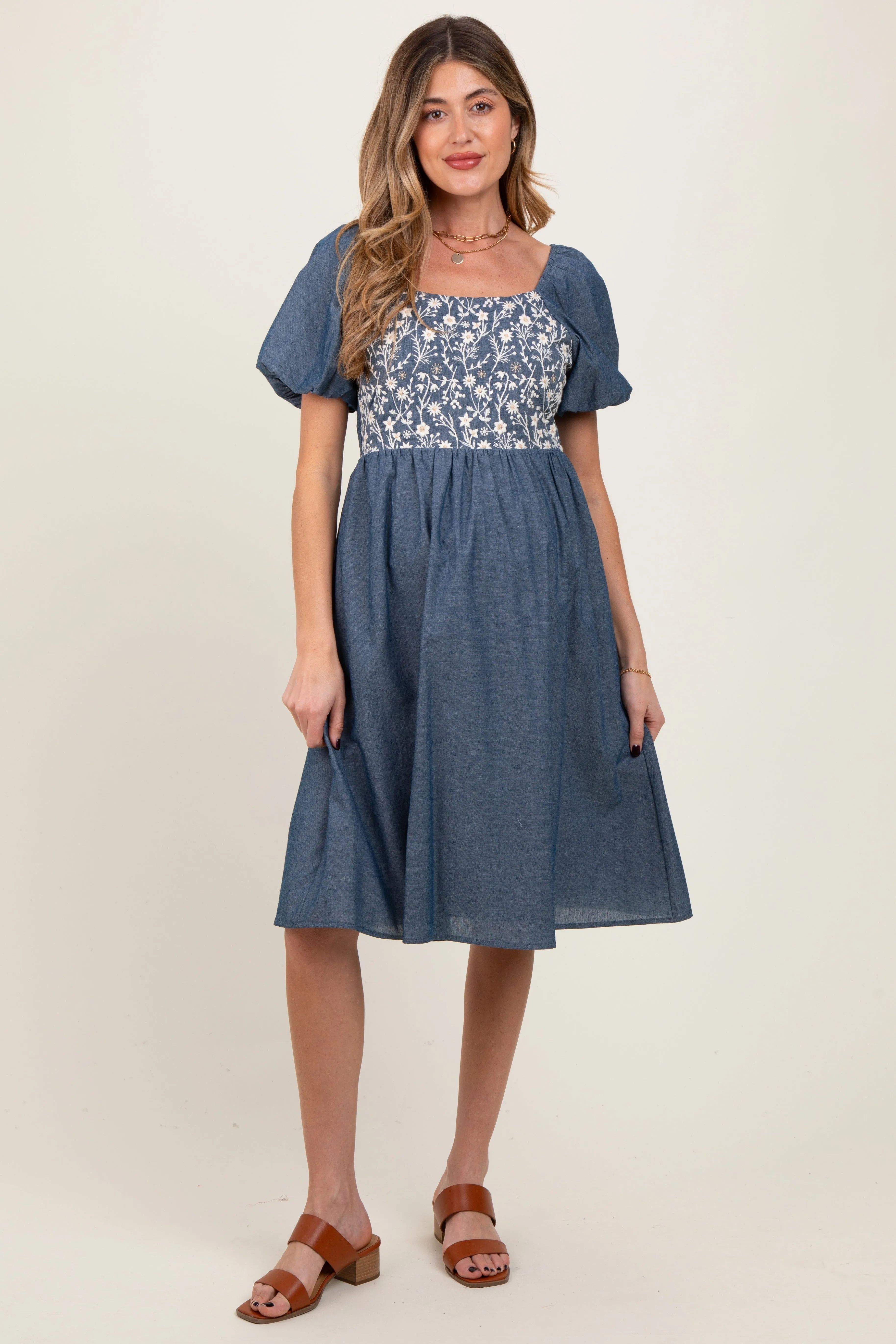Blue Chambray Floral Embroidered Short Sleeve Maternity Midi Dress sold by Pinkblush