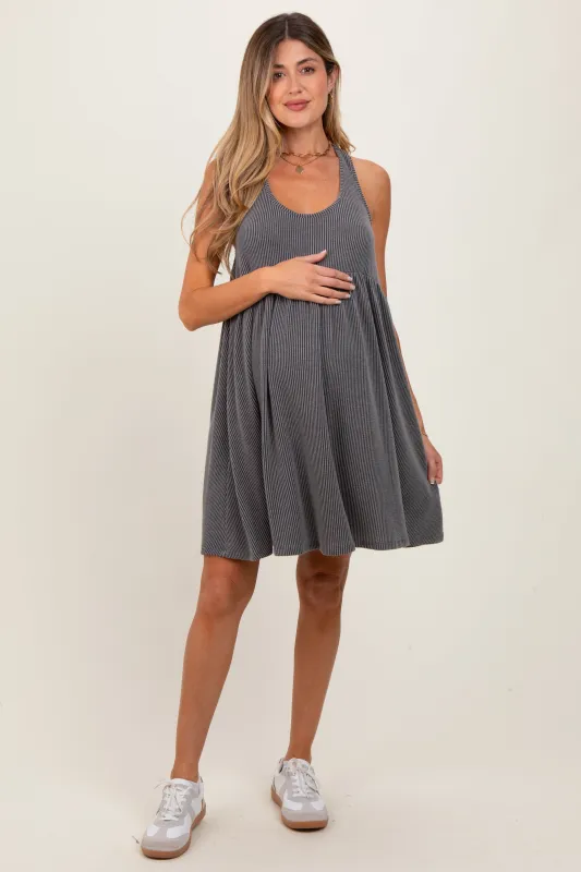 Charcoal Ribbed Sleeveless Open Back Maternity Midi Dress sold by Pinkblush