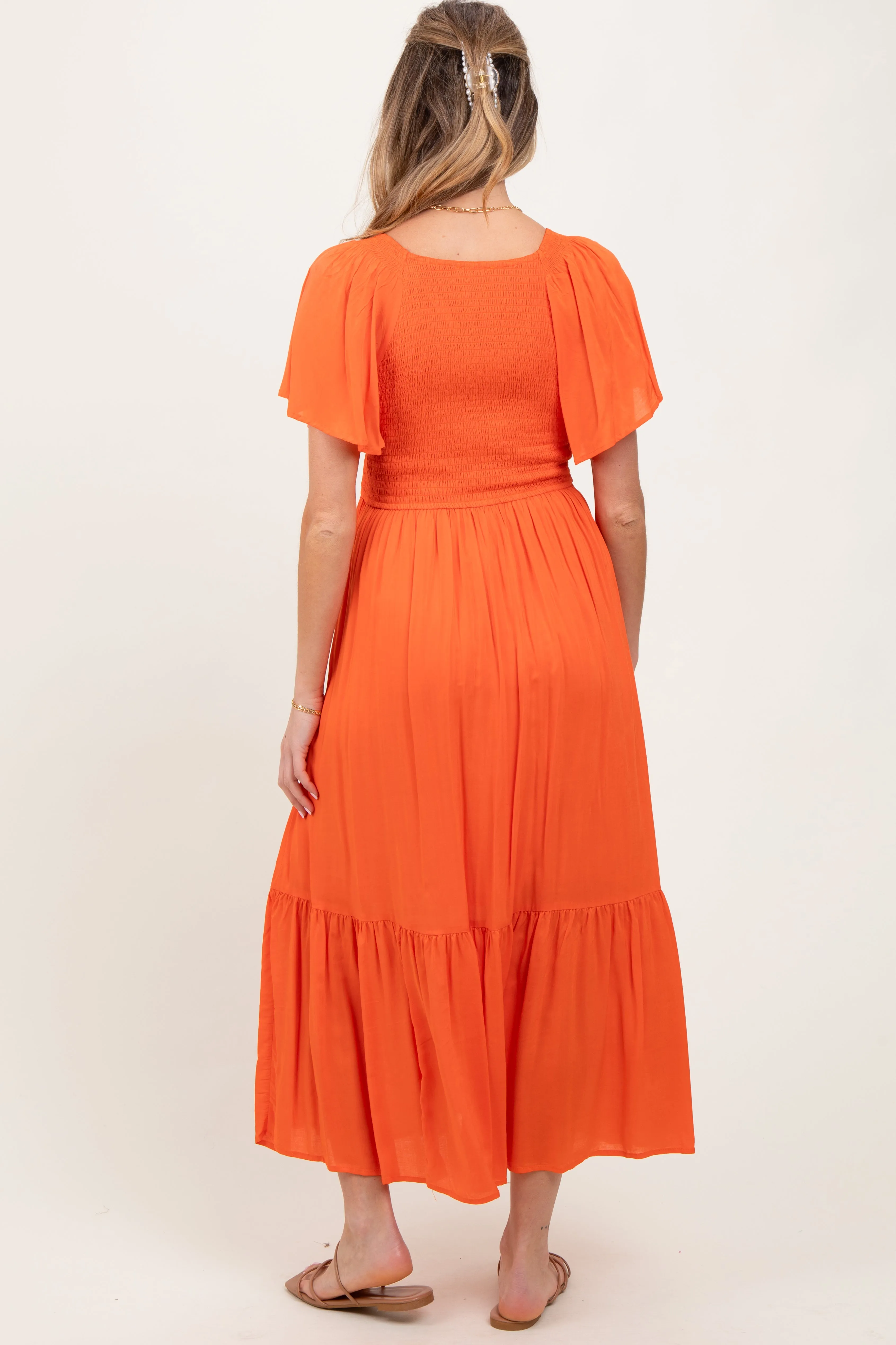 Orange Smocked Flutter Sleeve Midi Dress sold by Pinkblush product image thumbnail 3