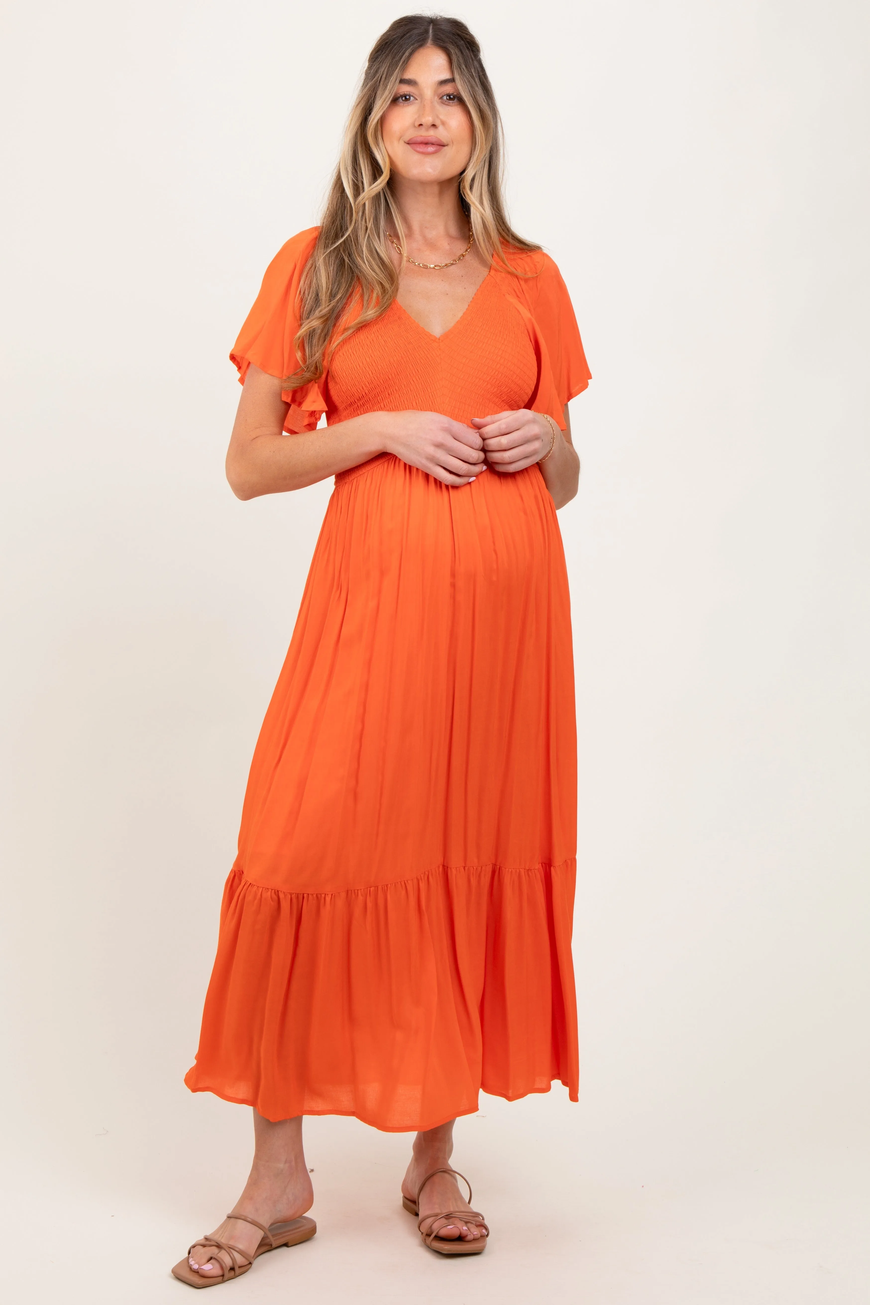 Orange Smocked Flutter Sleeve Midi Dress sold by Pinkblush
