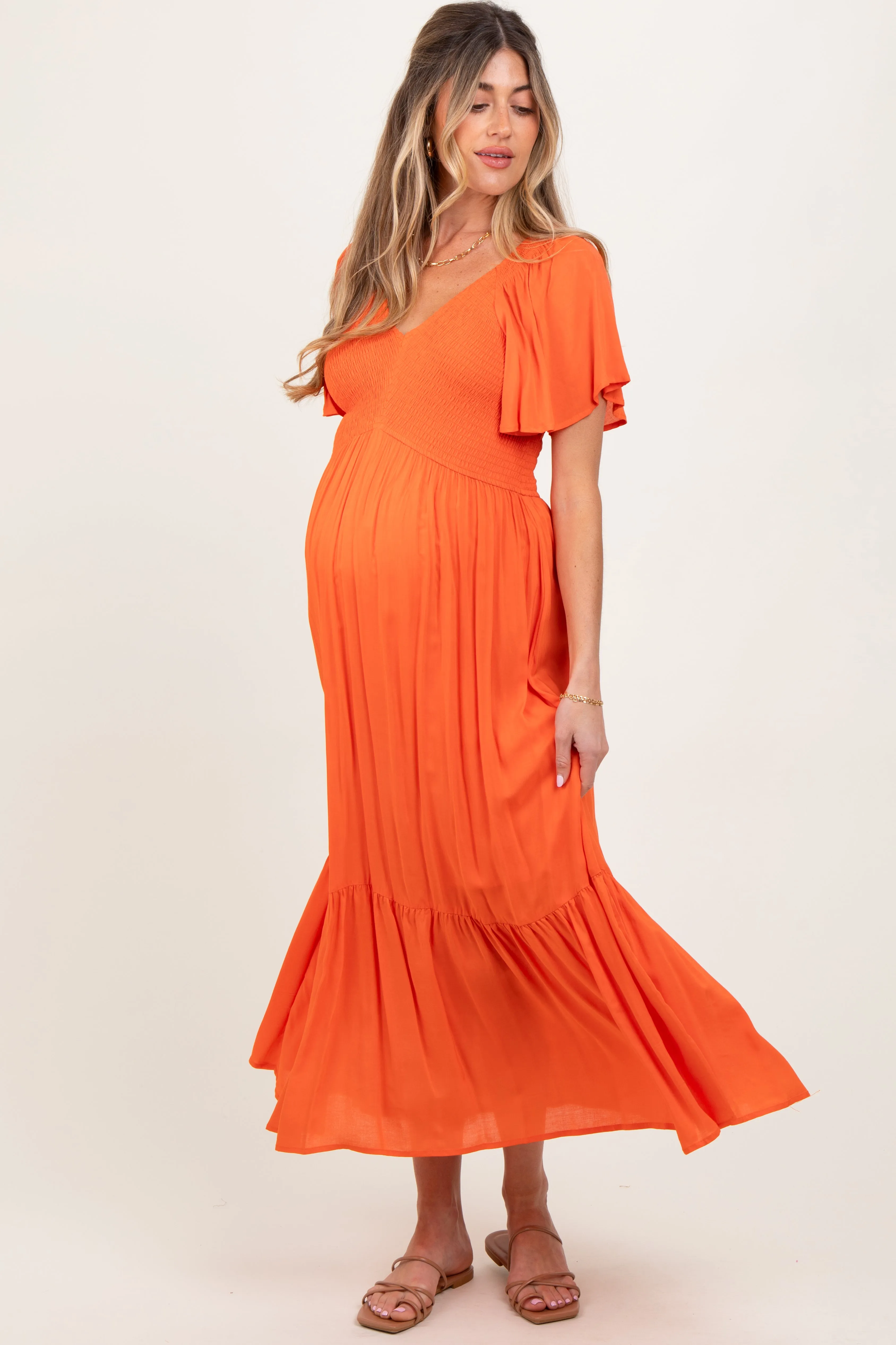 Orange Smocked Flutter Sleeve Midi Dress sold by Pinkblush product image thumbnail 2