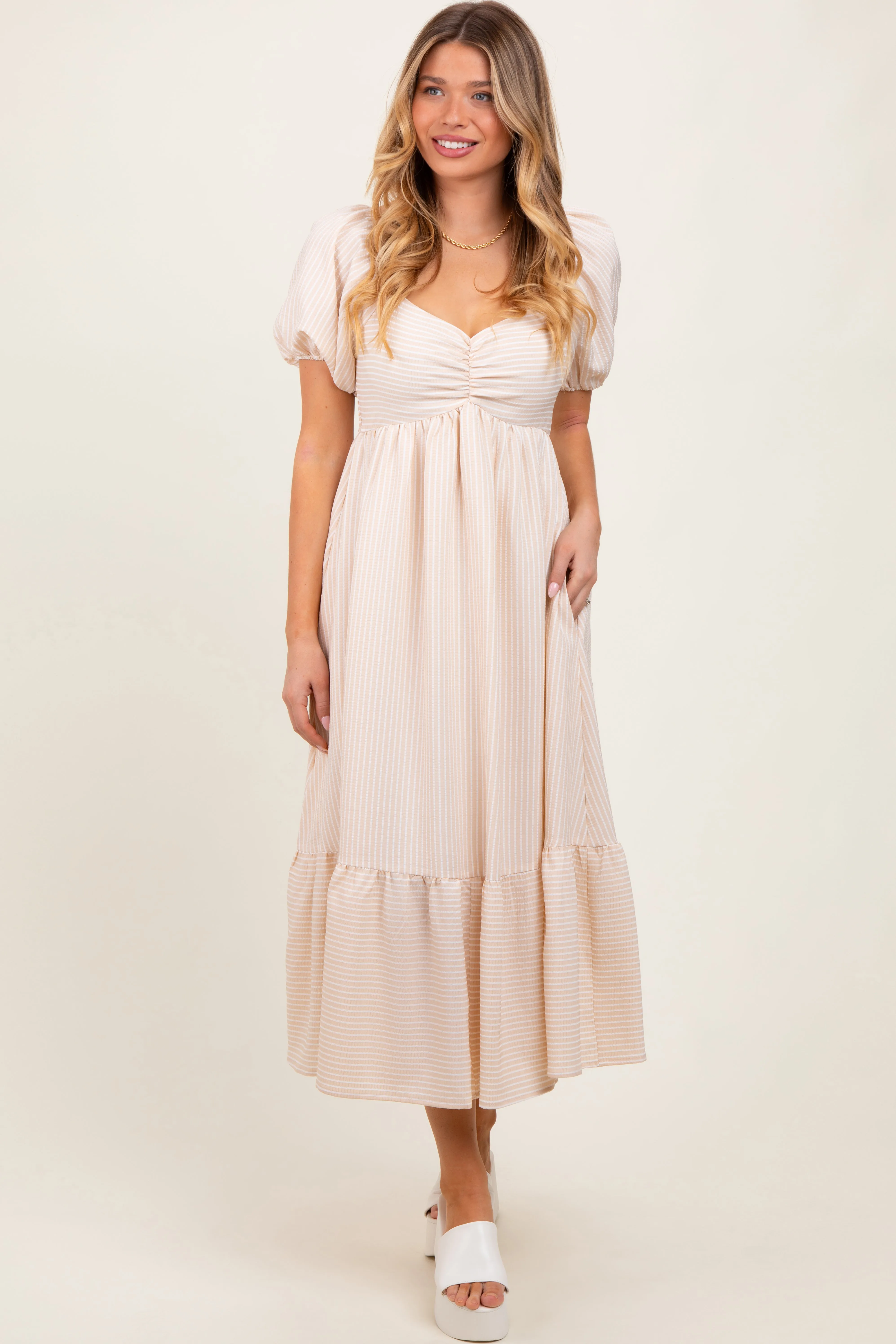 Beige Sweetheart Stripe Smocked Back Maternity Midi Dress sold by Pinkblush product image thumbnail 4