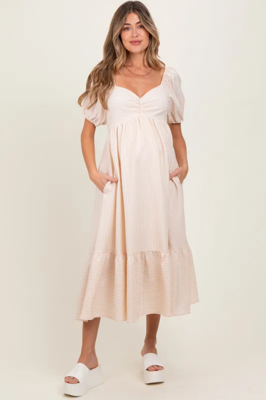 Beige Sweetheart Stripe Smocked Back Maternity Midi Dress sold by Pinkblush