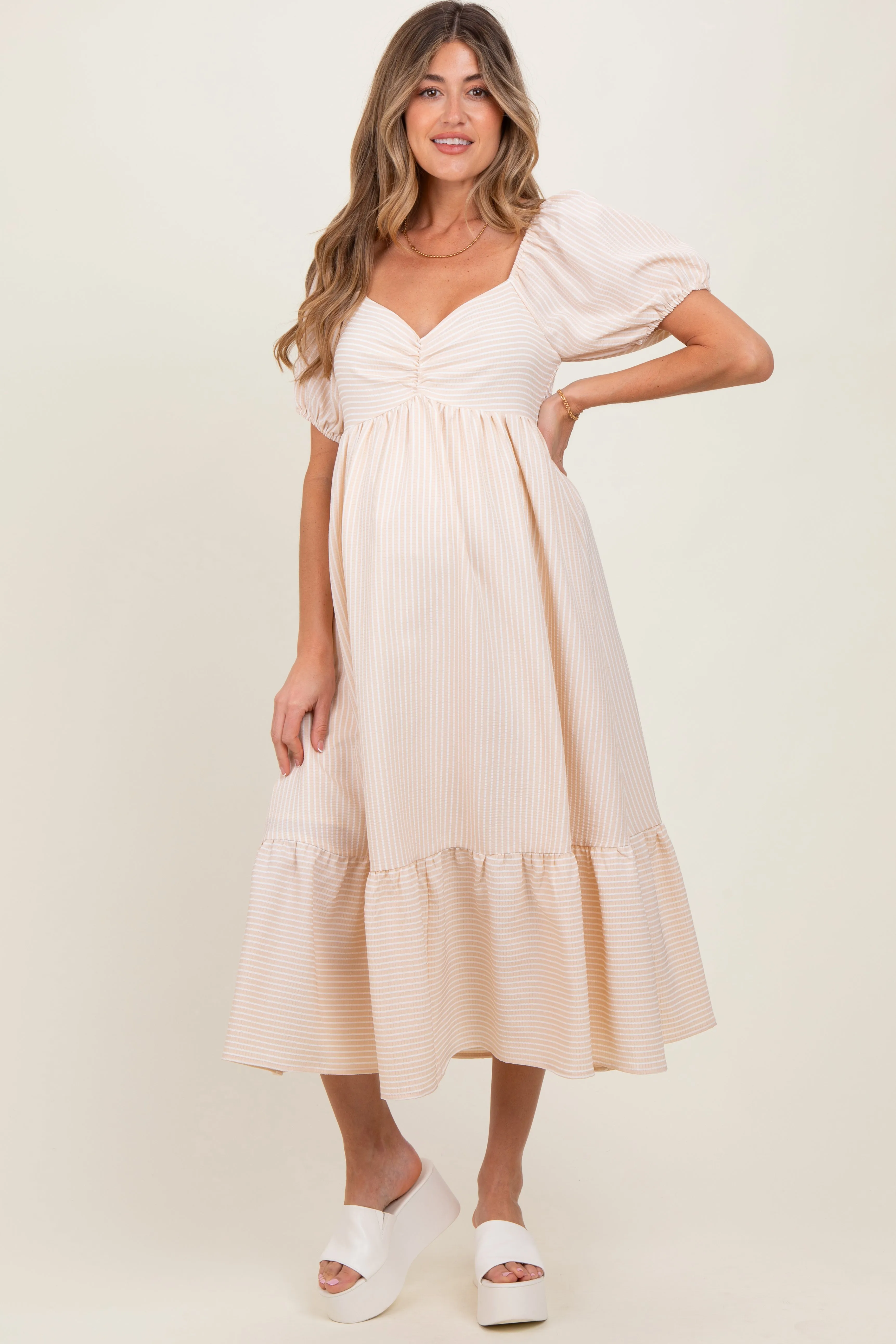 Beige Sweetheart Stripe Smocked Back Maternity Midi Dress sold by Pinkblush product image thumbnail 2