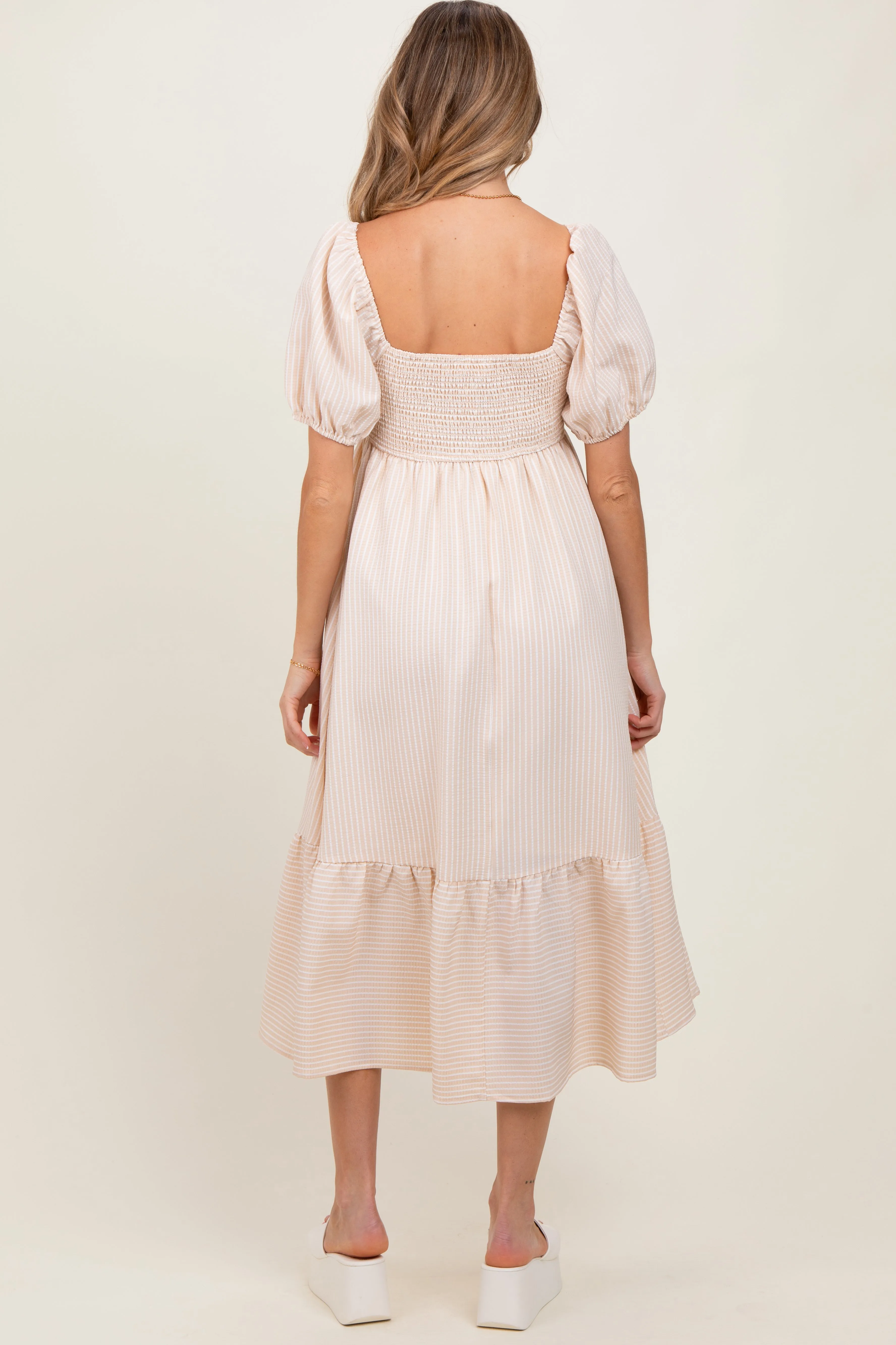 Beige Sweetheart Stripe Smocked Back Maternity Midi Dress sold by Pinkblush product image thumbnail 3