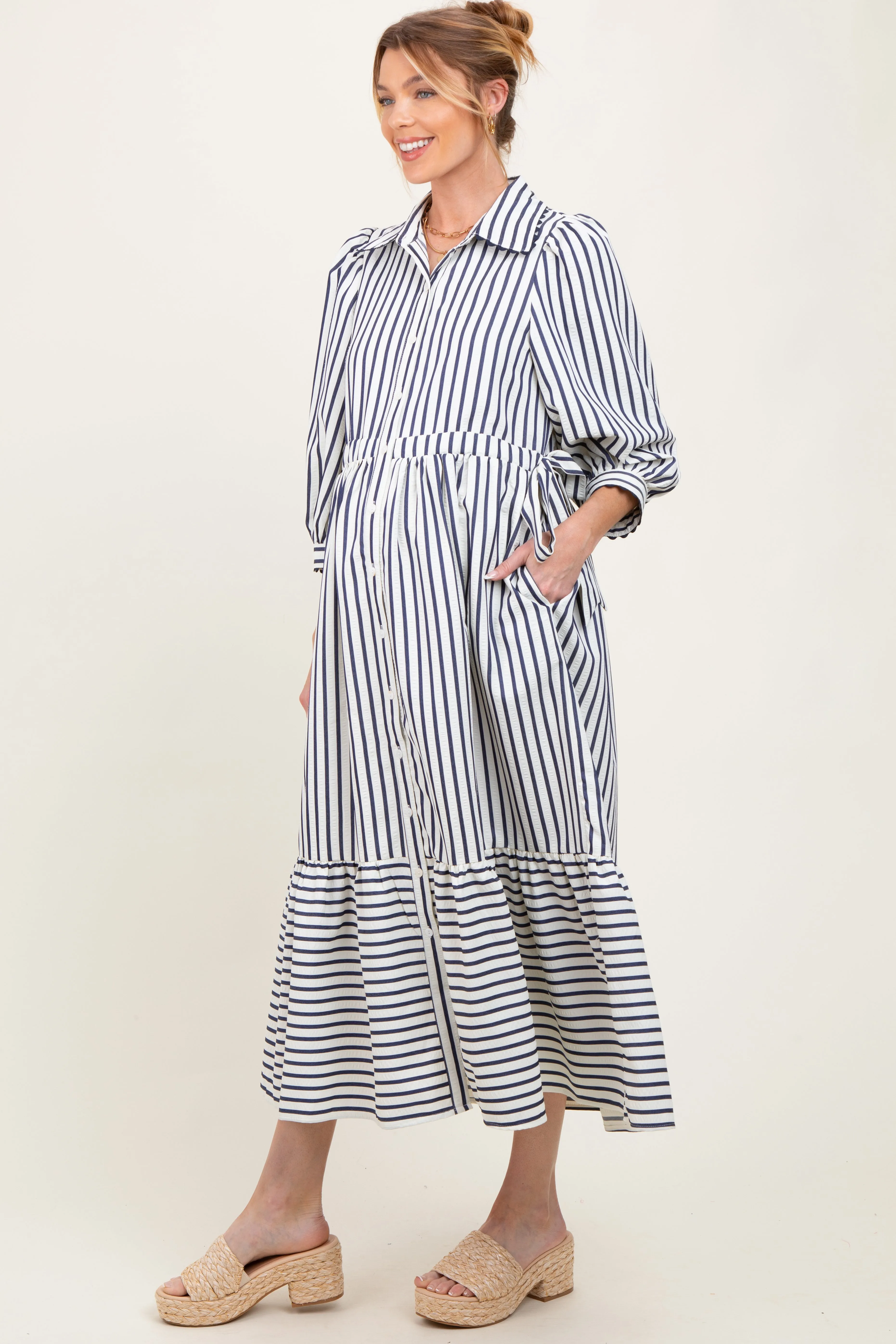 Navy Striped Collar Maternity Maxi Dress sold by Pinkblush product image thumbnail 2