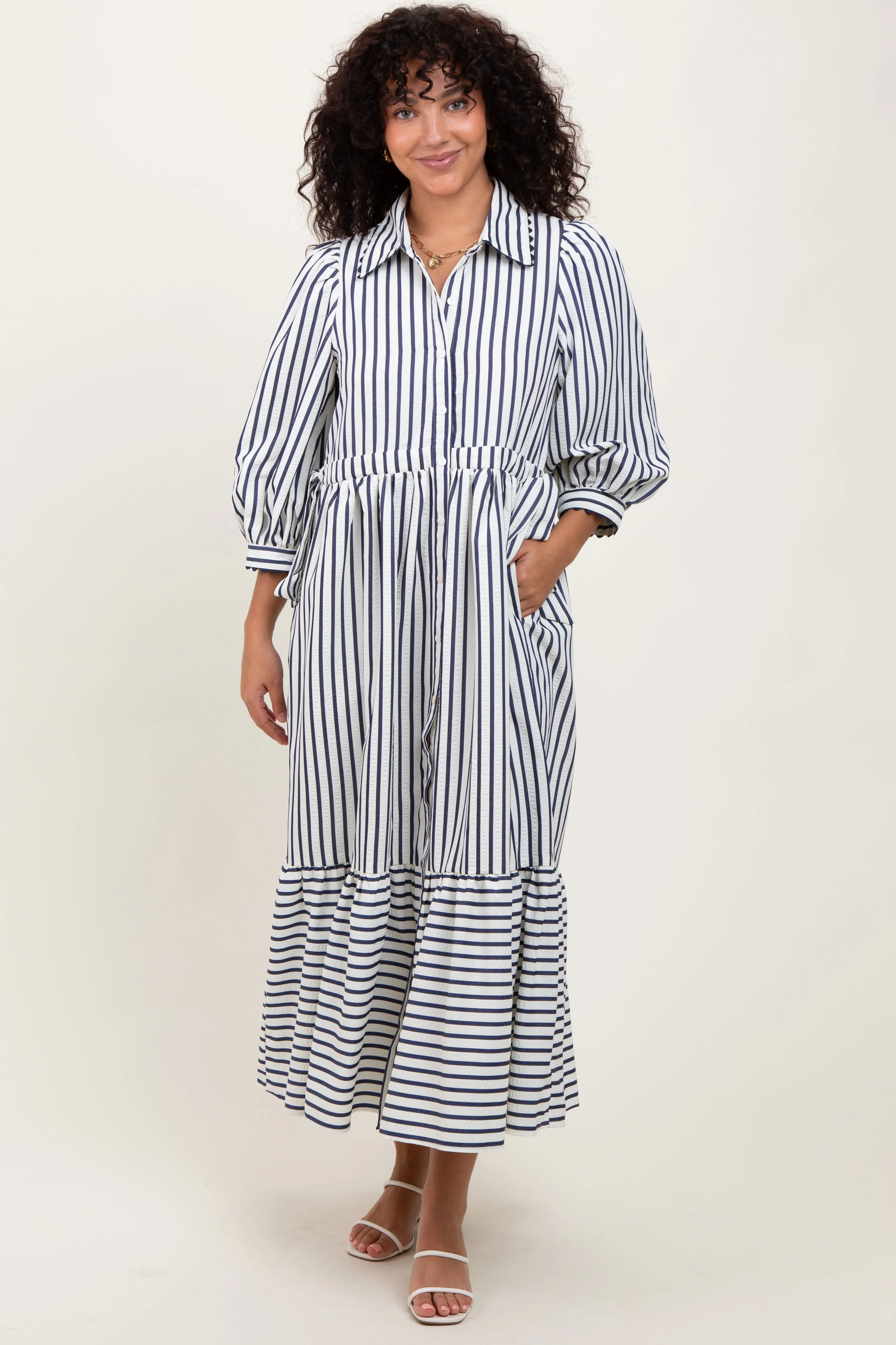 Navy Striped Collar Maternity Maxi Dress sold by Pinkblush product image thumbnail 4