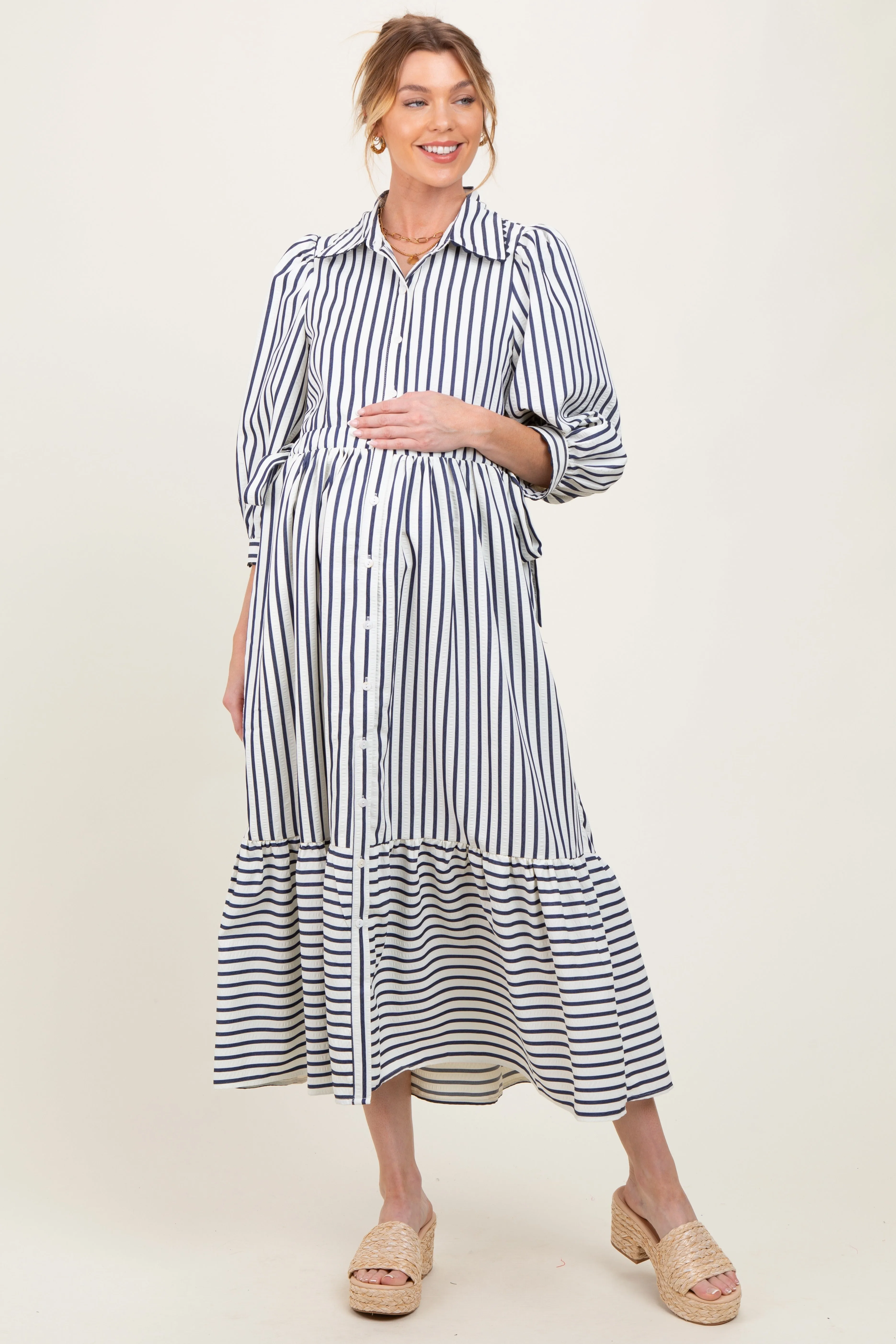 Navy Striped Collar Maternity Maxi Dress sold by Pinkblush