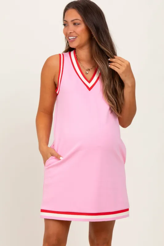 Pink Sleeveless Border Detail V-Neck Maternity Mini Dress sold by Pinkblush