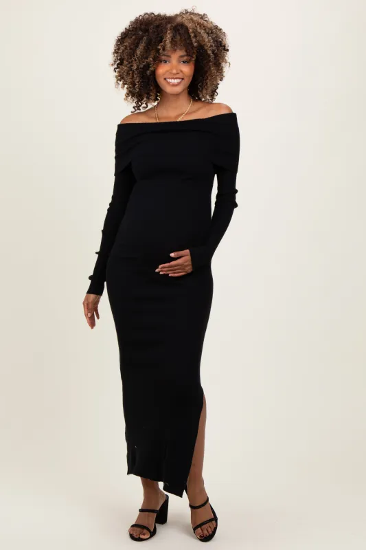 Black Ribbed Knit Off Shoulder Side Slit Maternity Sweater Dress sold by Pinkblush