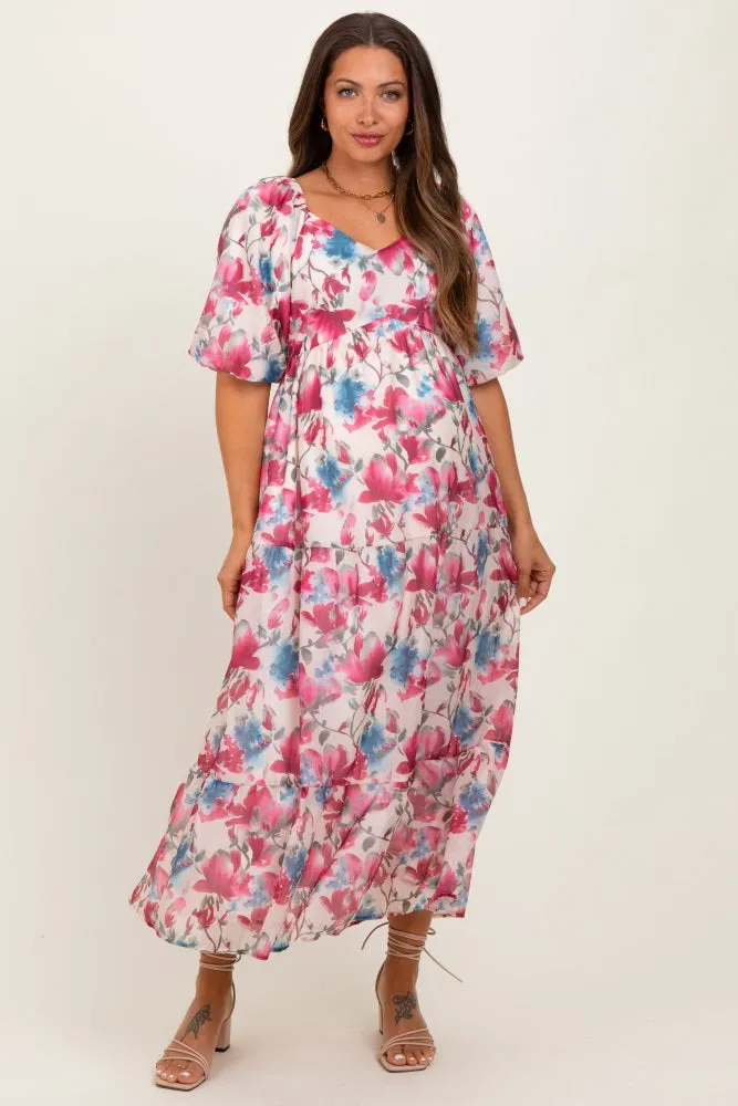 Pink Floral Tiered Puff Sleeve Maternity Midi Dress sold by Pinkblush