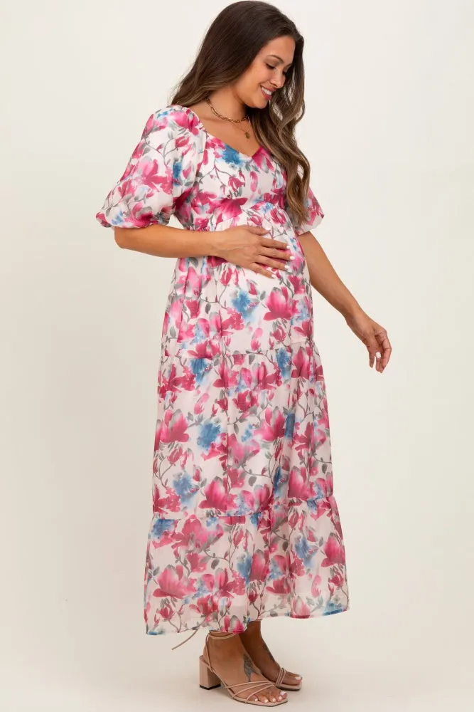 Pink Floral Tiered Puff Sleeve Maternity Midi Dress sold by Pinkblush product image thumbnail 2