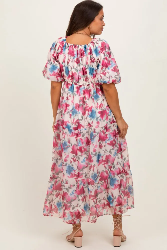 Pink Floral Tiered Puff Sleeve Maternity Midi Dress sold by Pinkblush product image thumbnail 3