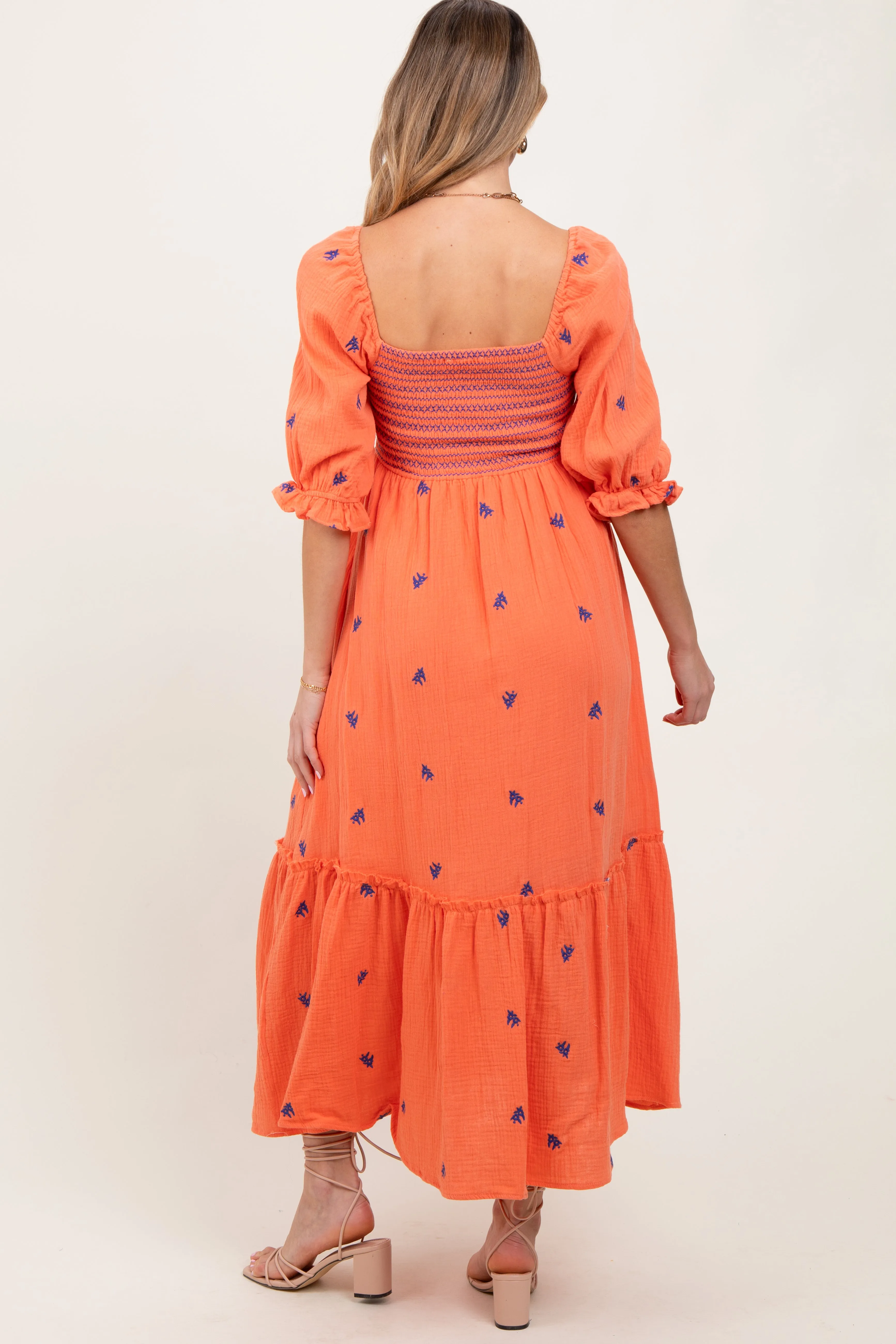 Coral Gauze Smocked Embroidered Square Neck Maternity Midi Dress sold by Pinkblush product image thumbnail 2