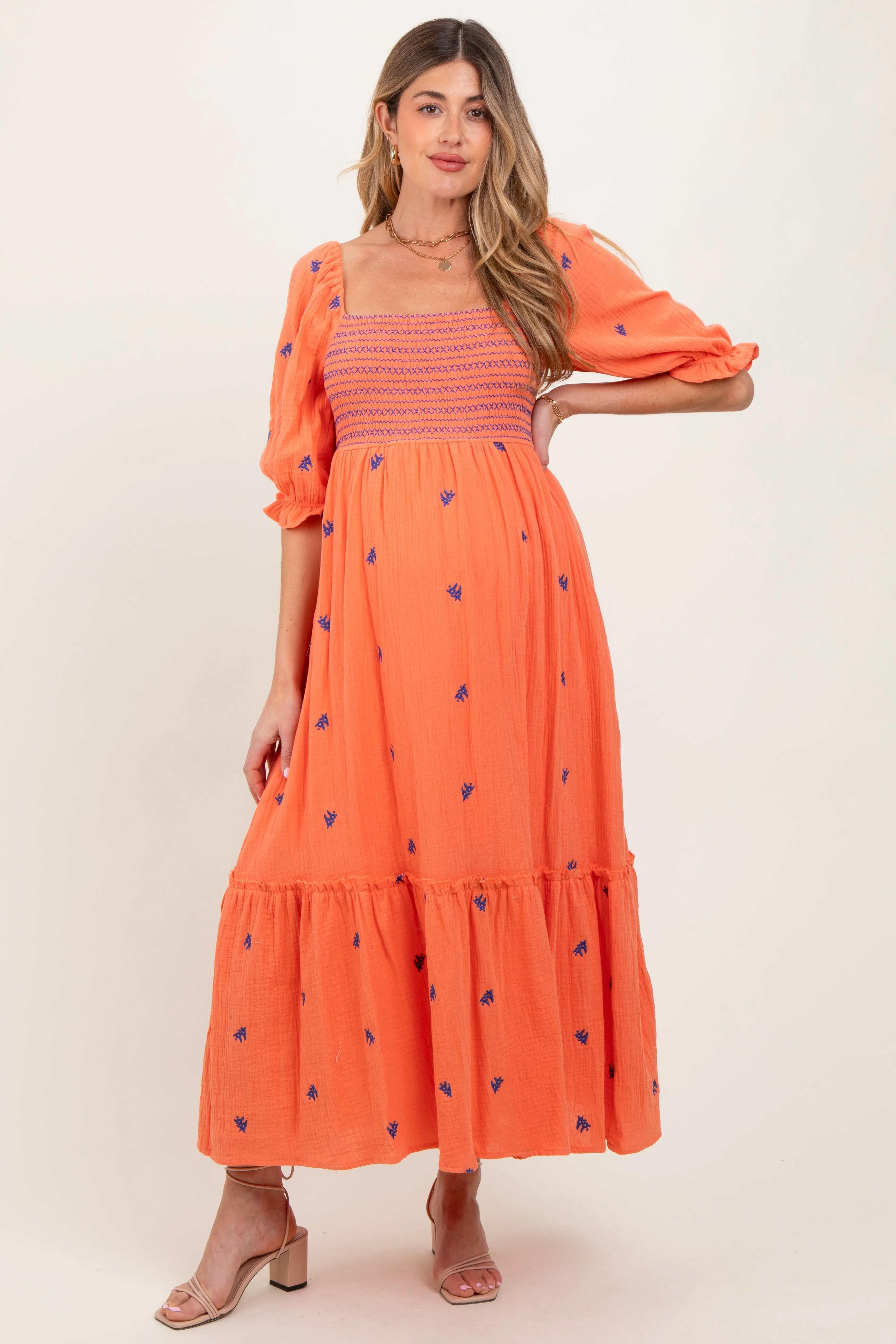 Coral Gauze Smocked Embroidered Square Neck Maternity Midi Dress sold by Pinkblush