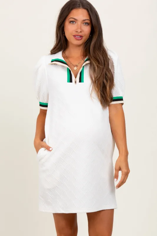 Ivory Jacquard Zipper Collar Maternity Mini Dress sold by Pinkblush
