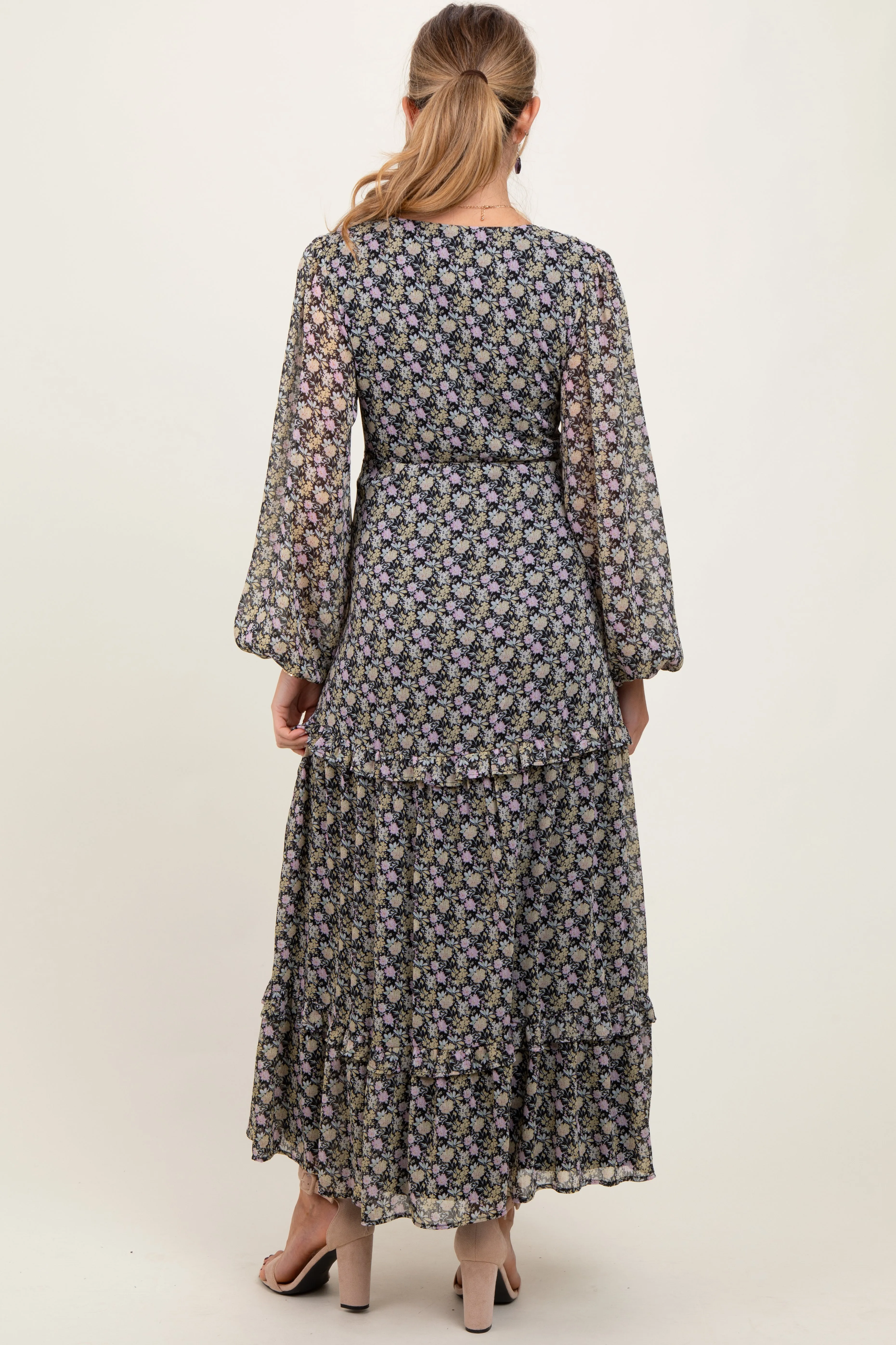 Black Floral Chiffon V-Neck Ruffle Tiered Maternity Maxi Dress sold by Pinkblush product image thumbnail 5