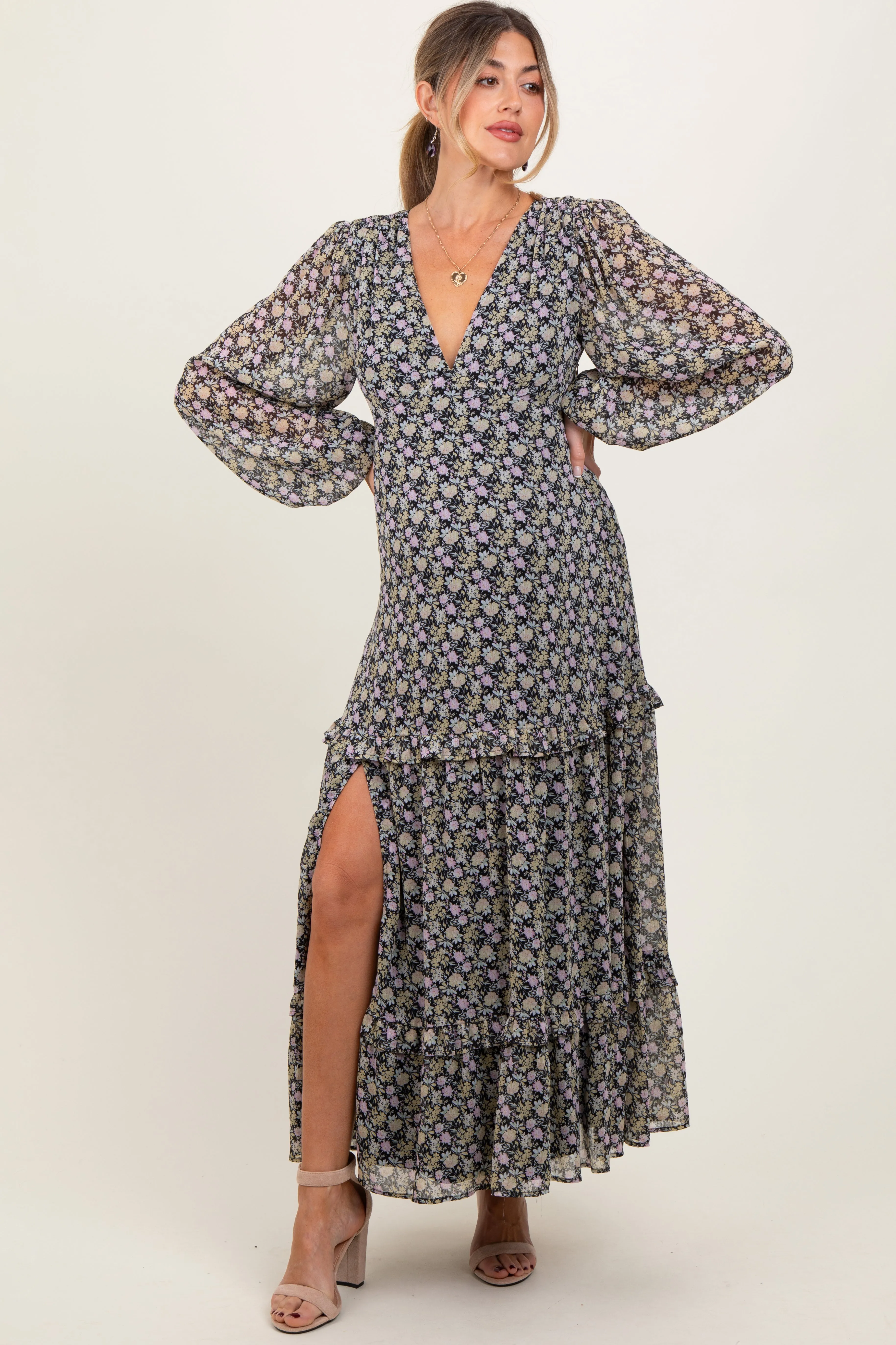 Black Floral Chiffon V-Neck Ruffle Tiered Maternity Maxi Dress sold by Pinkblush product image thumbnail 2