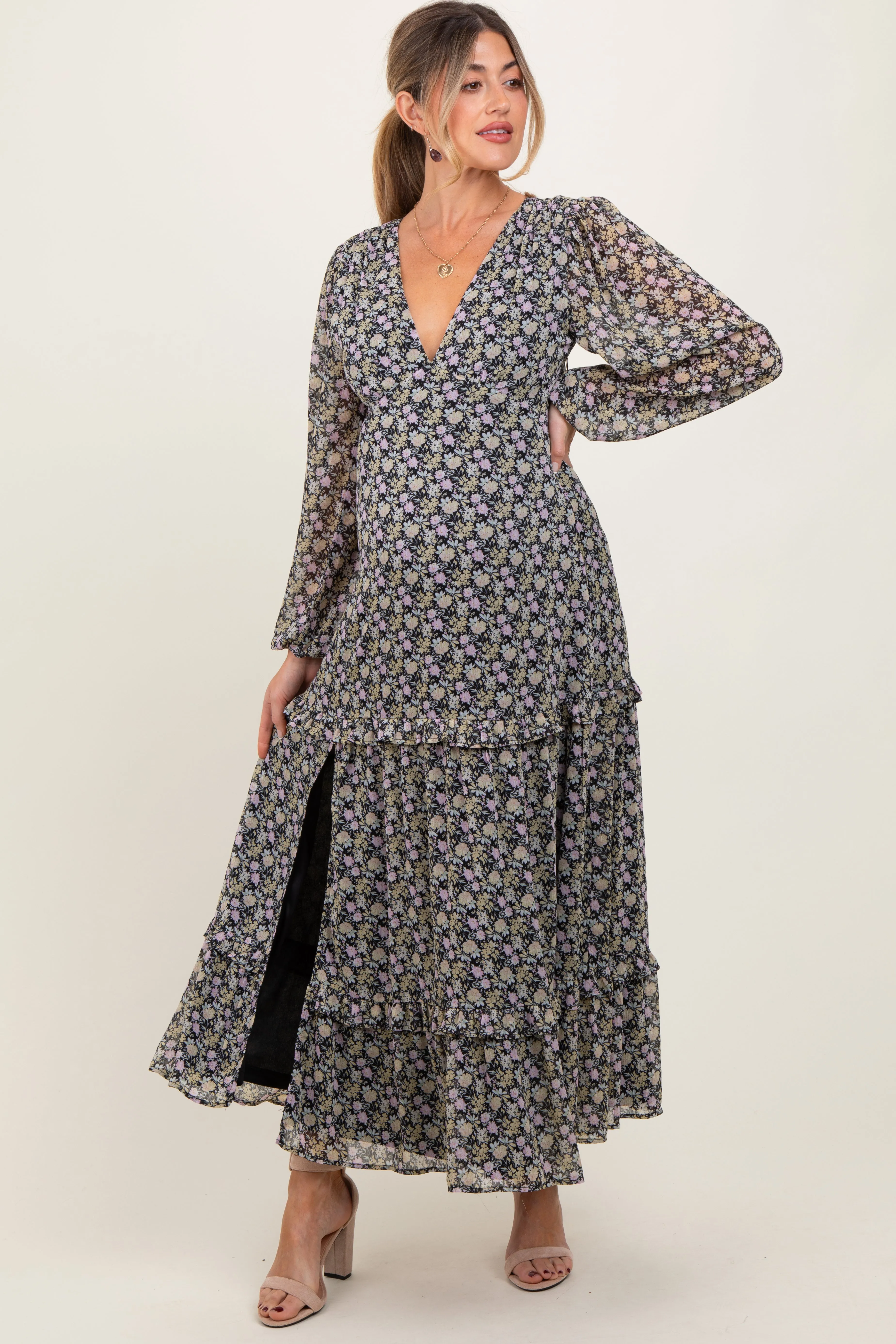 Black Floral Chiffon V-Neck Ruffle Tiered Maternity Maxi Dress sold by Pinkblush product image thumbnail 3
