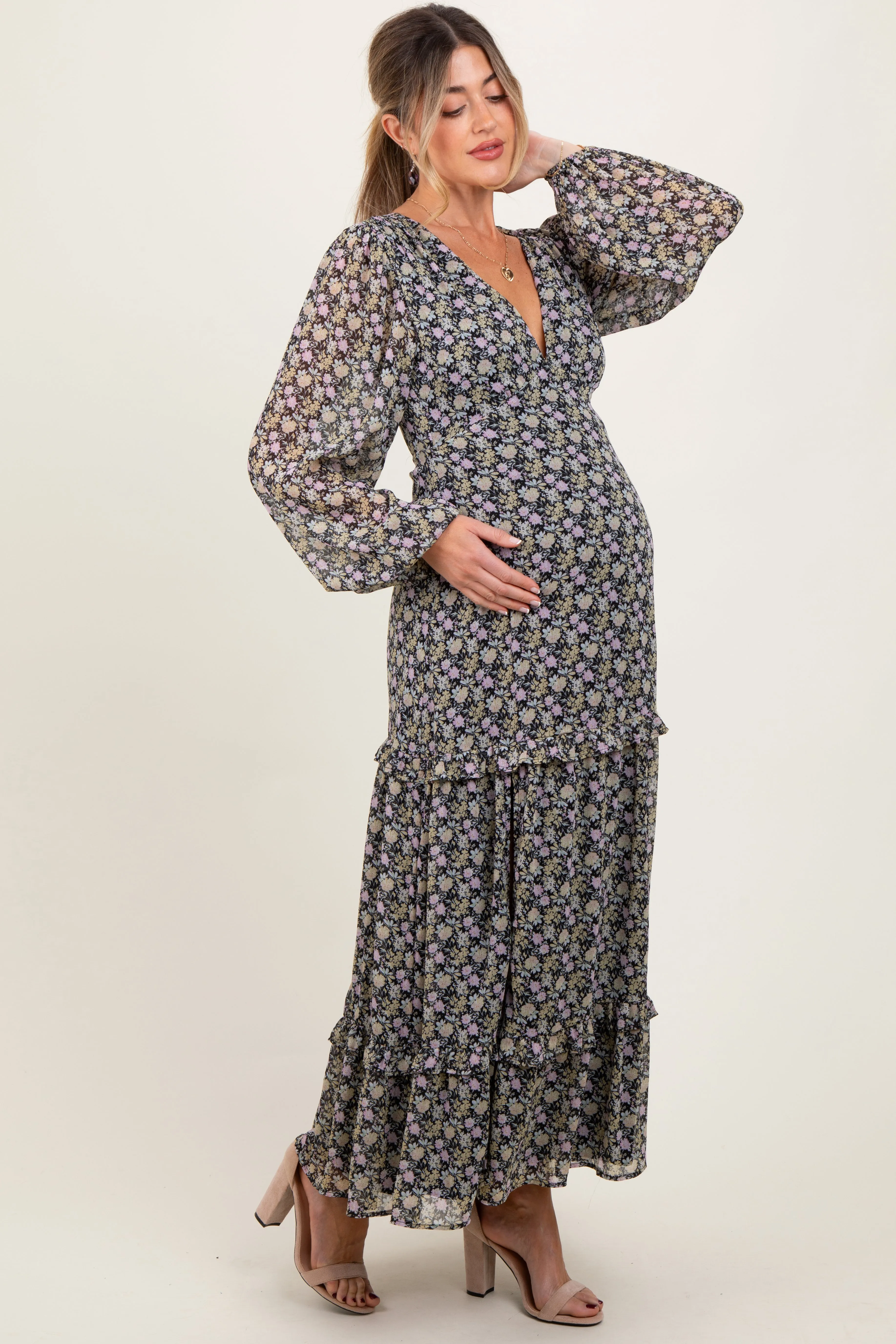 Black Floral Chiffon V-Neck Ruffle Tiered Maternity Maxi Dress sold by Pinkblush product image thumbnail 4