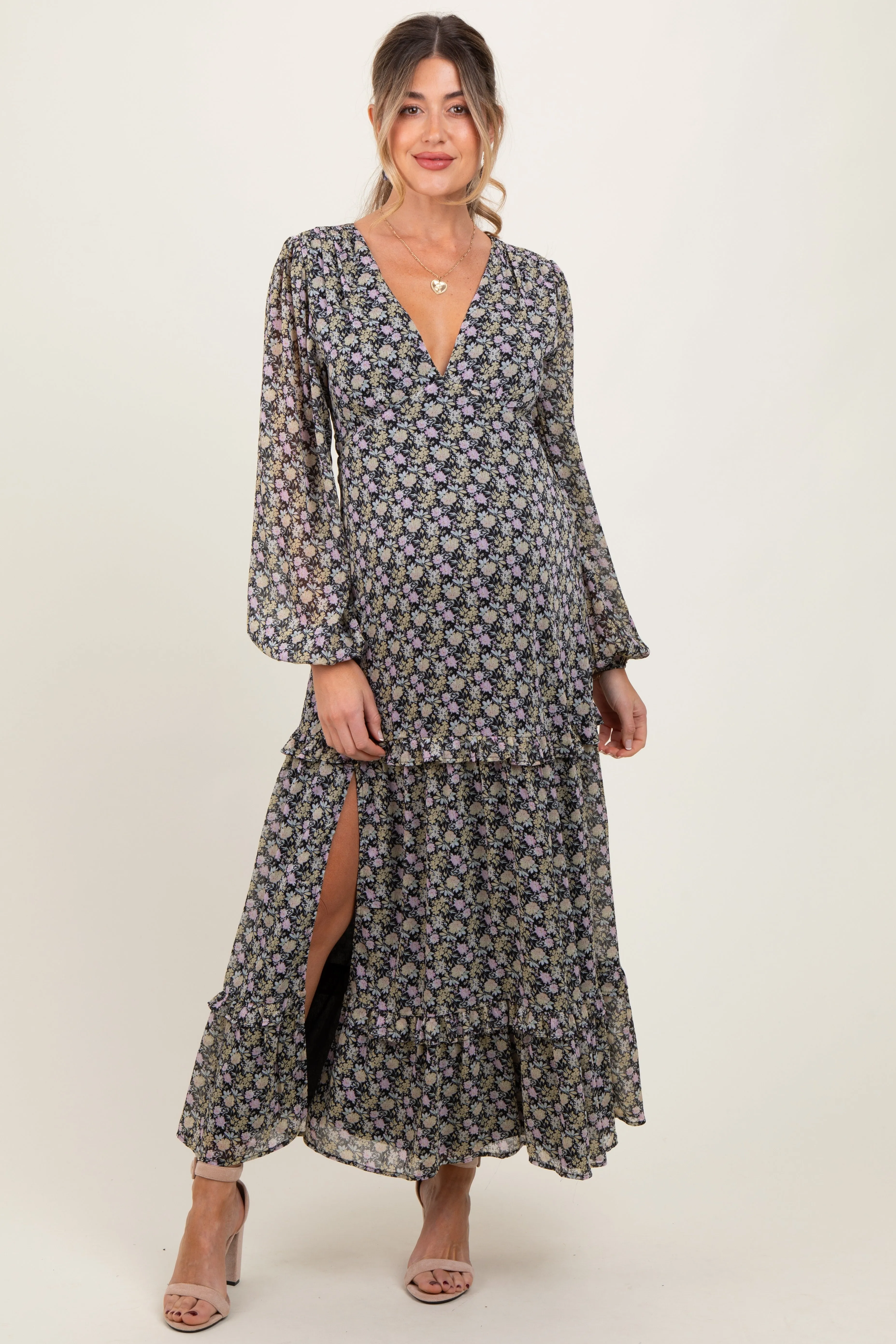 Black Floral Chiffon V-Neck Ruffle Tiered Maternity Maxi Dress sold by Pinkblush