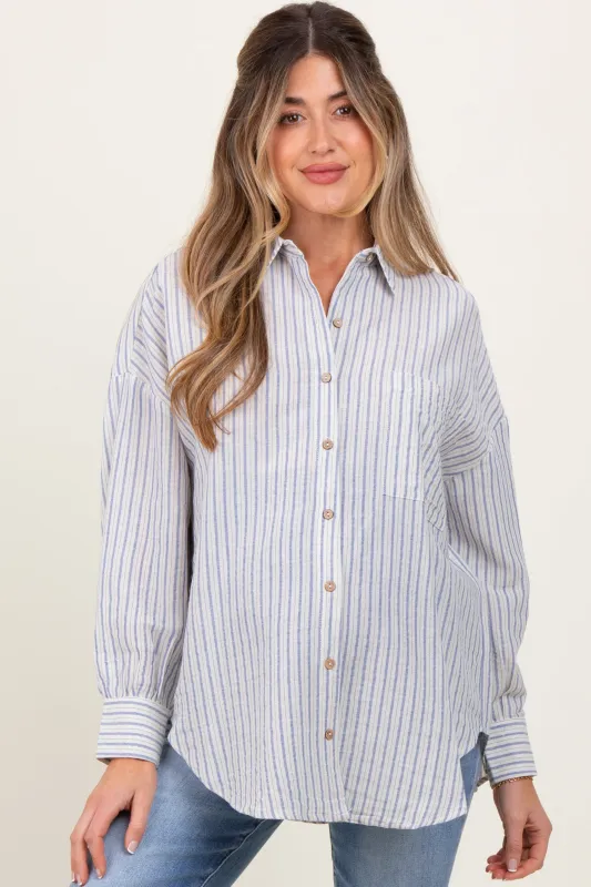 Blue Stripe Oversized Button Down Maternity Shirt sold by Pinkblush