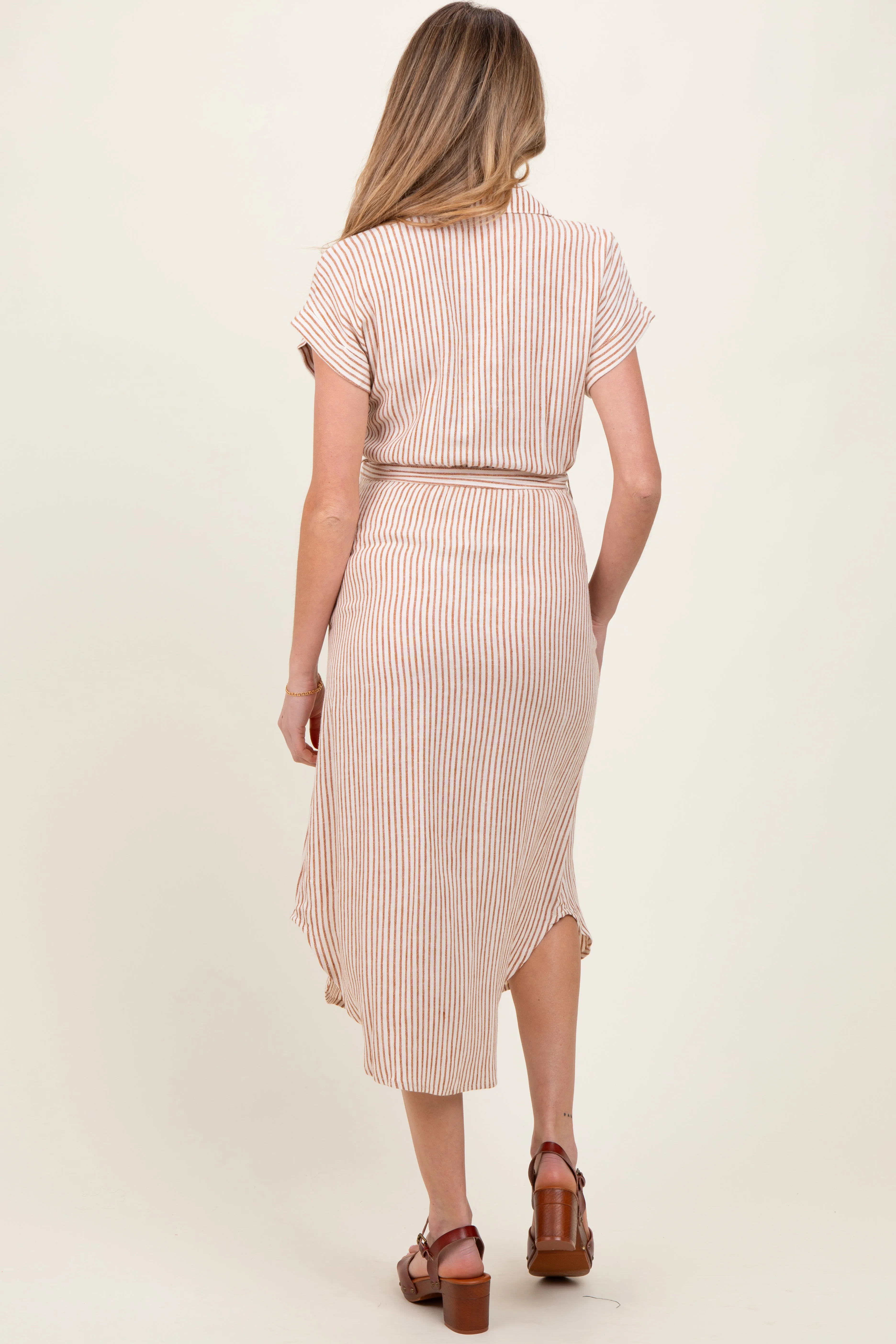 Brown Striped Sash Tie Maternity Midi Shirt Dress sold by Pinkblush product image thumbnail 4