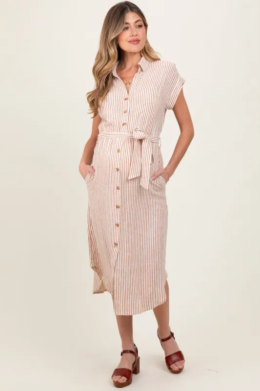 Brown Striped Sash Tie Maternity Midi Shirt Dress sold by Pinkblush