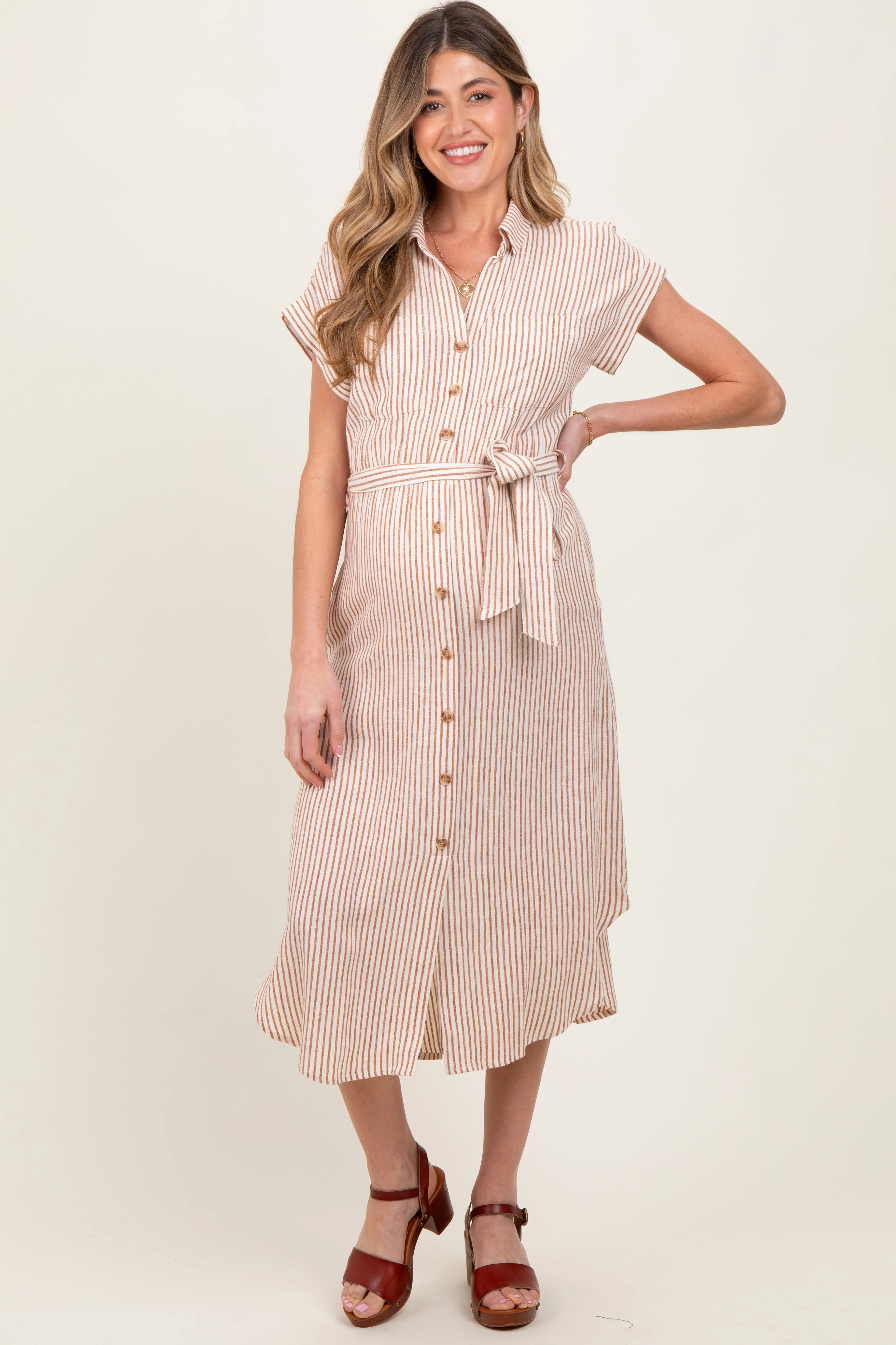 Brown Striped Sash Tie Maternity Midi Shirt Dress sold by Pinkblush product image thumbnail 2