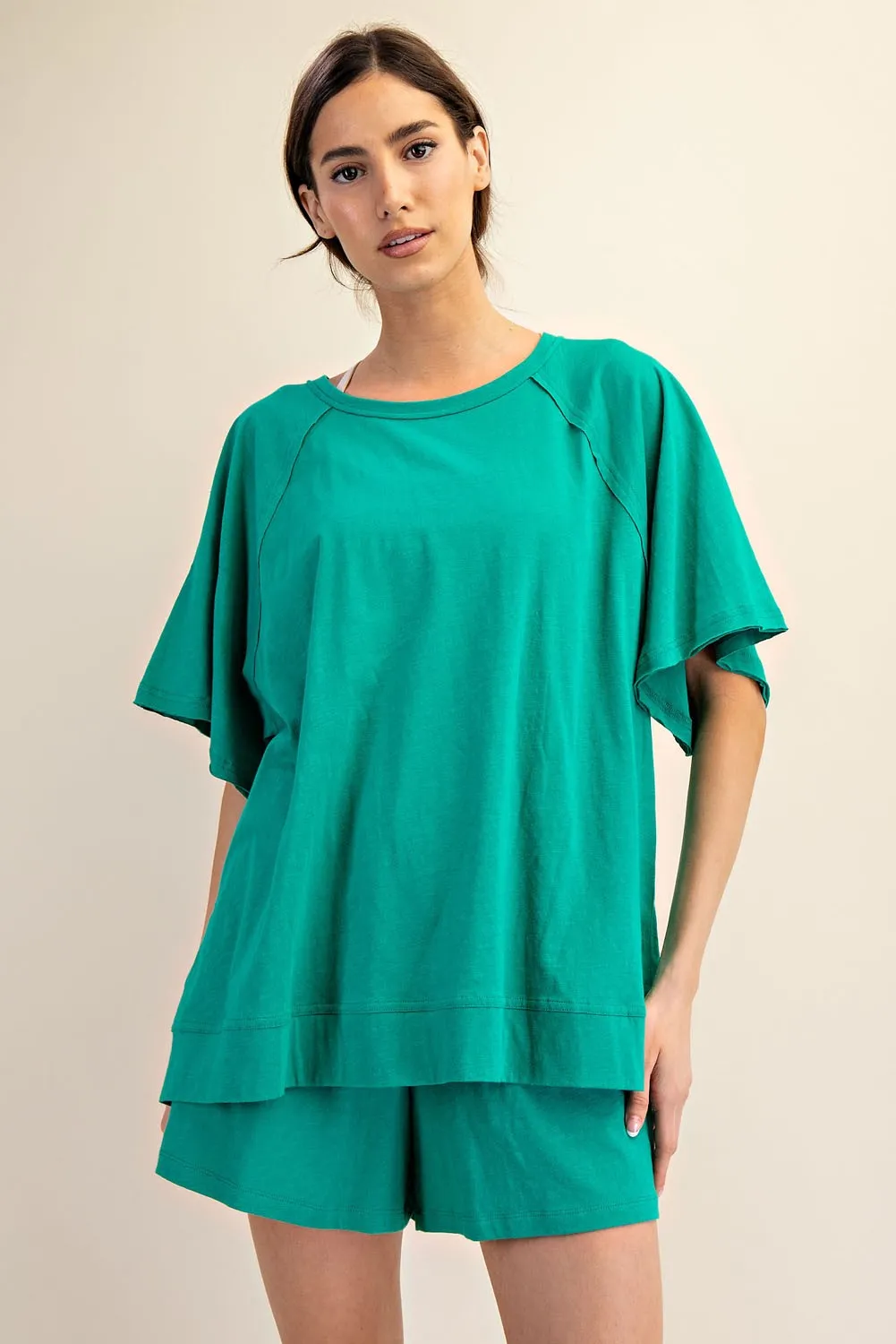 Green Oversized Raw Hem Short Sleeve Tee sold by Pinkblush