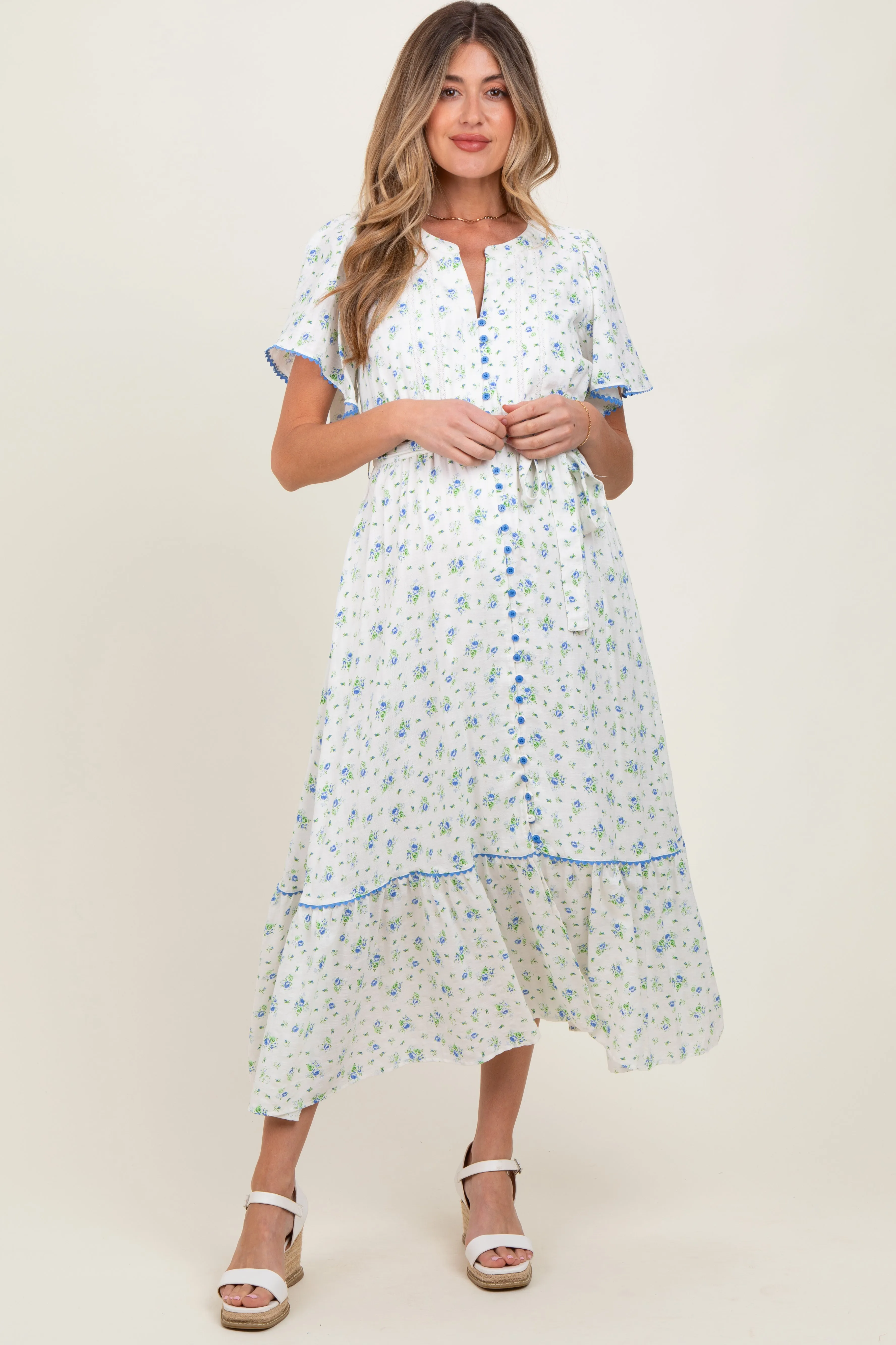 Ivory Floral Button Down Maternity Midi Dress sold by Pinkblush