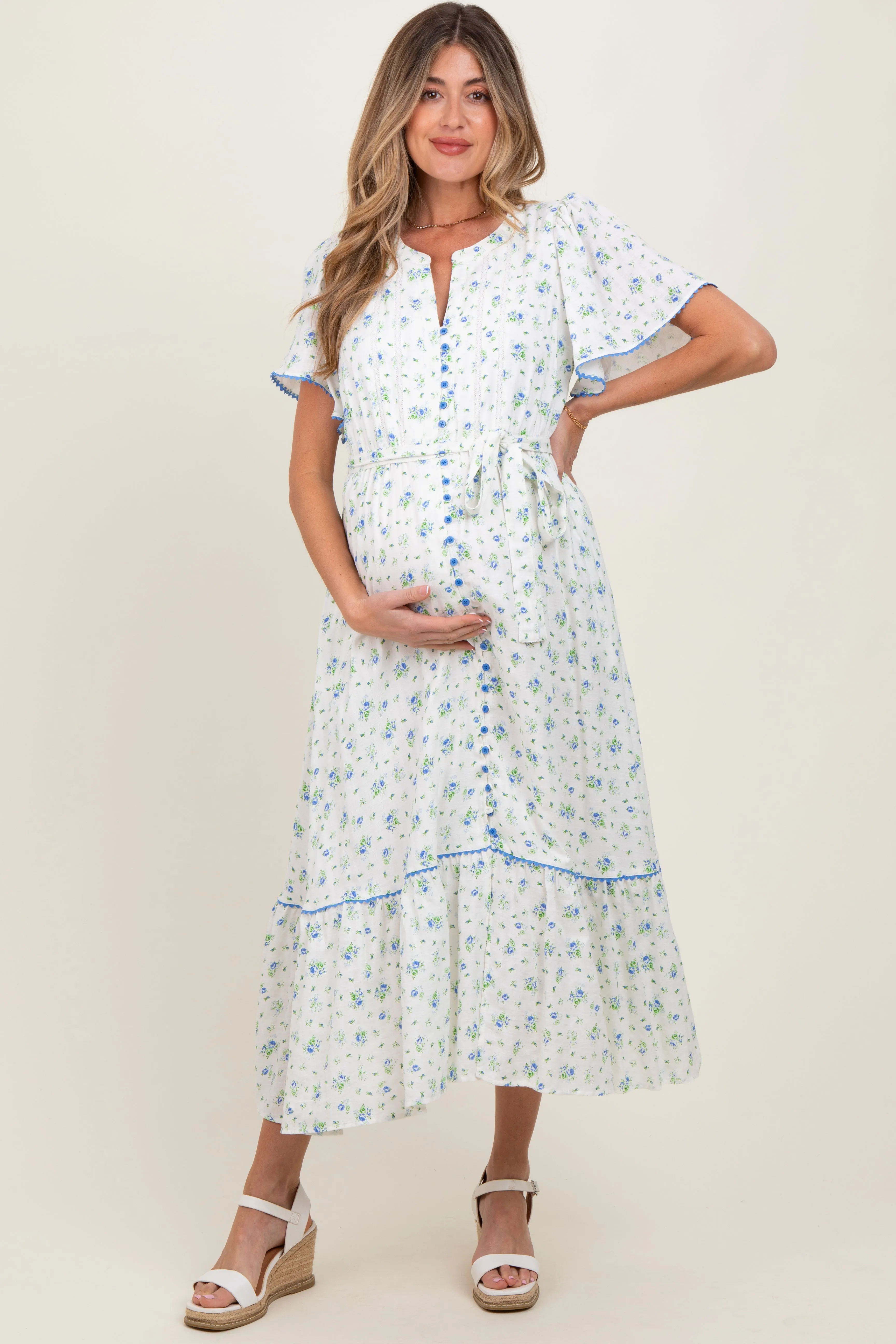 Ivory Floral Button Down Maternity Midi Dress sold by Pinkblush product image thumbnail 2