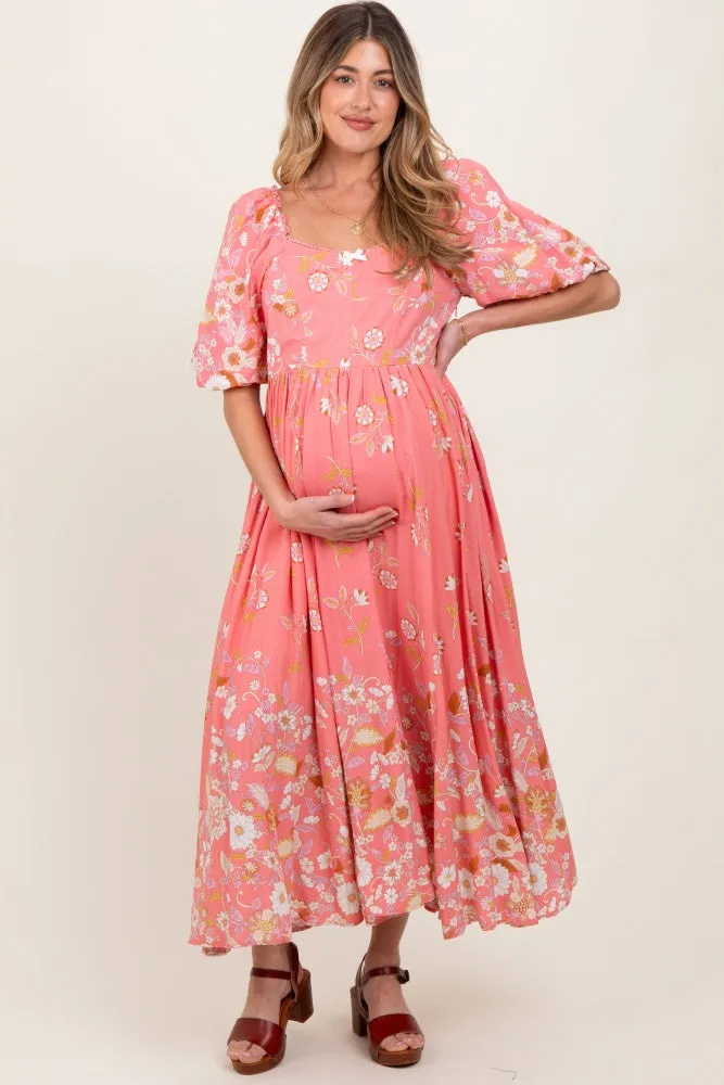 Pink Floral Print Puff Sleeve Maternity Maxi Dress sold by Pinkblush