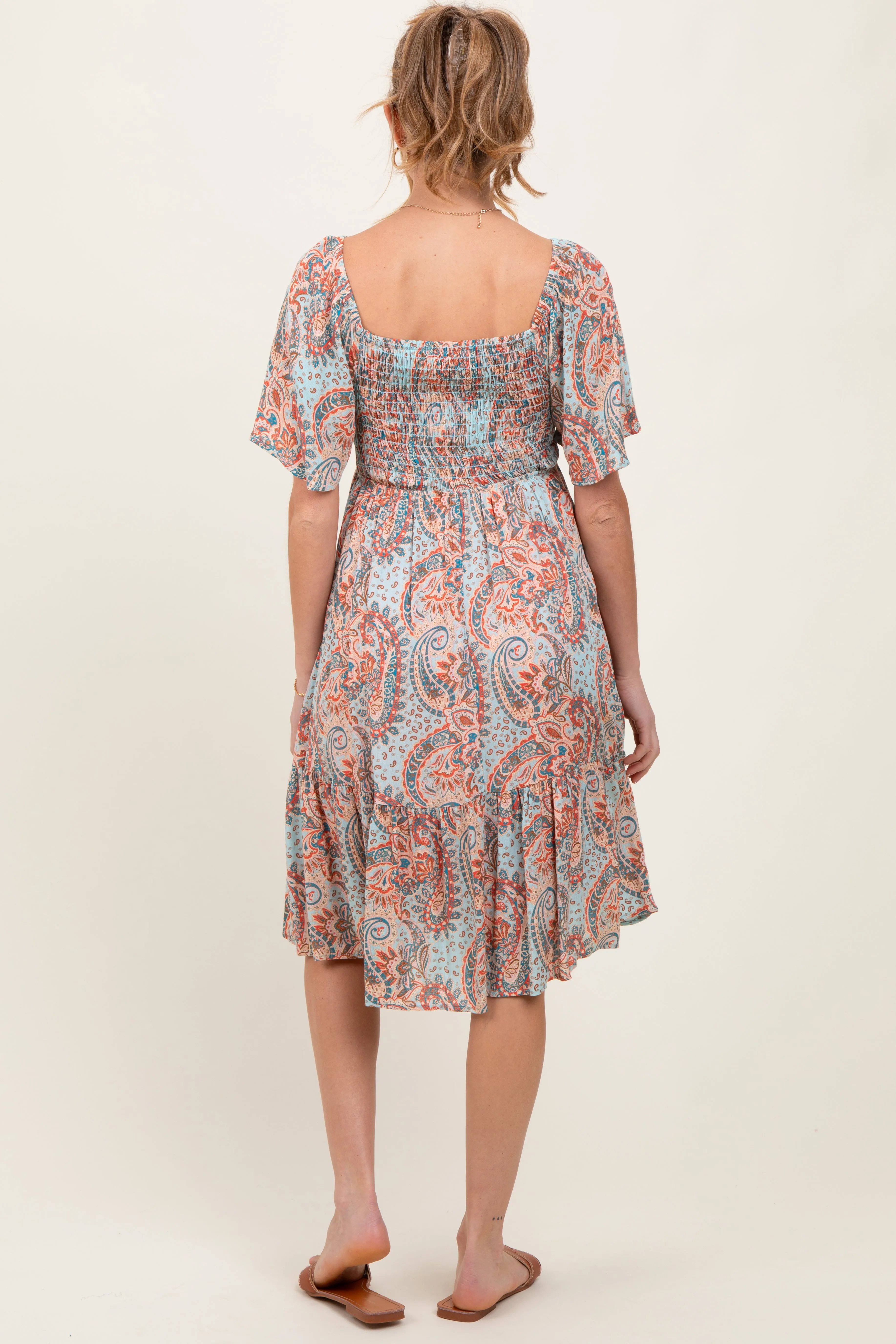 Light Blue Paisley Floral Smocked Maternity Midi Dress sold by Pinkblush product image thumbnail 3