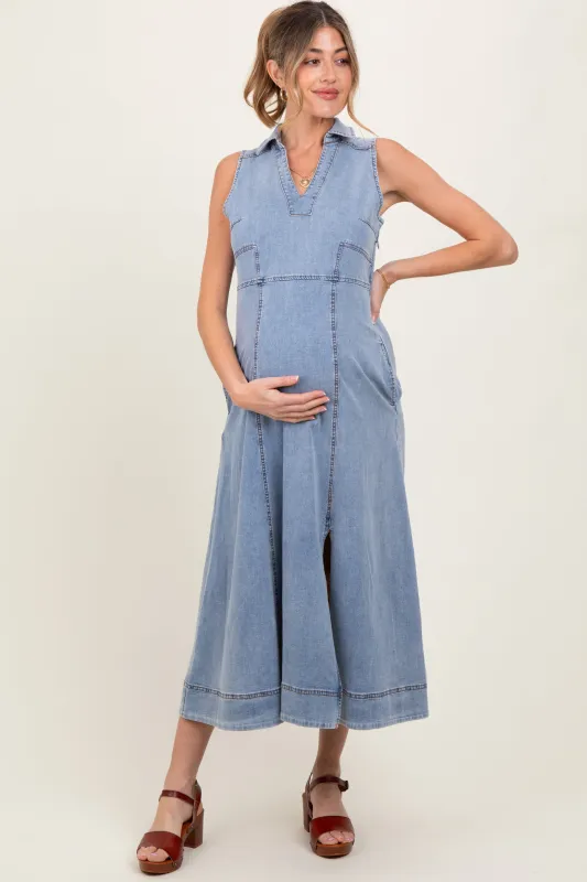 Blue Medium Wash Collared Denim Flare Maternity Midi Dress sold by Pinkblush