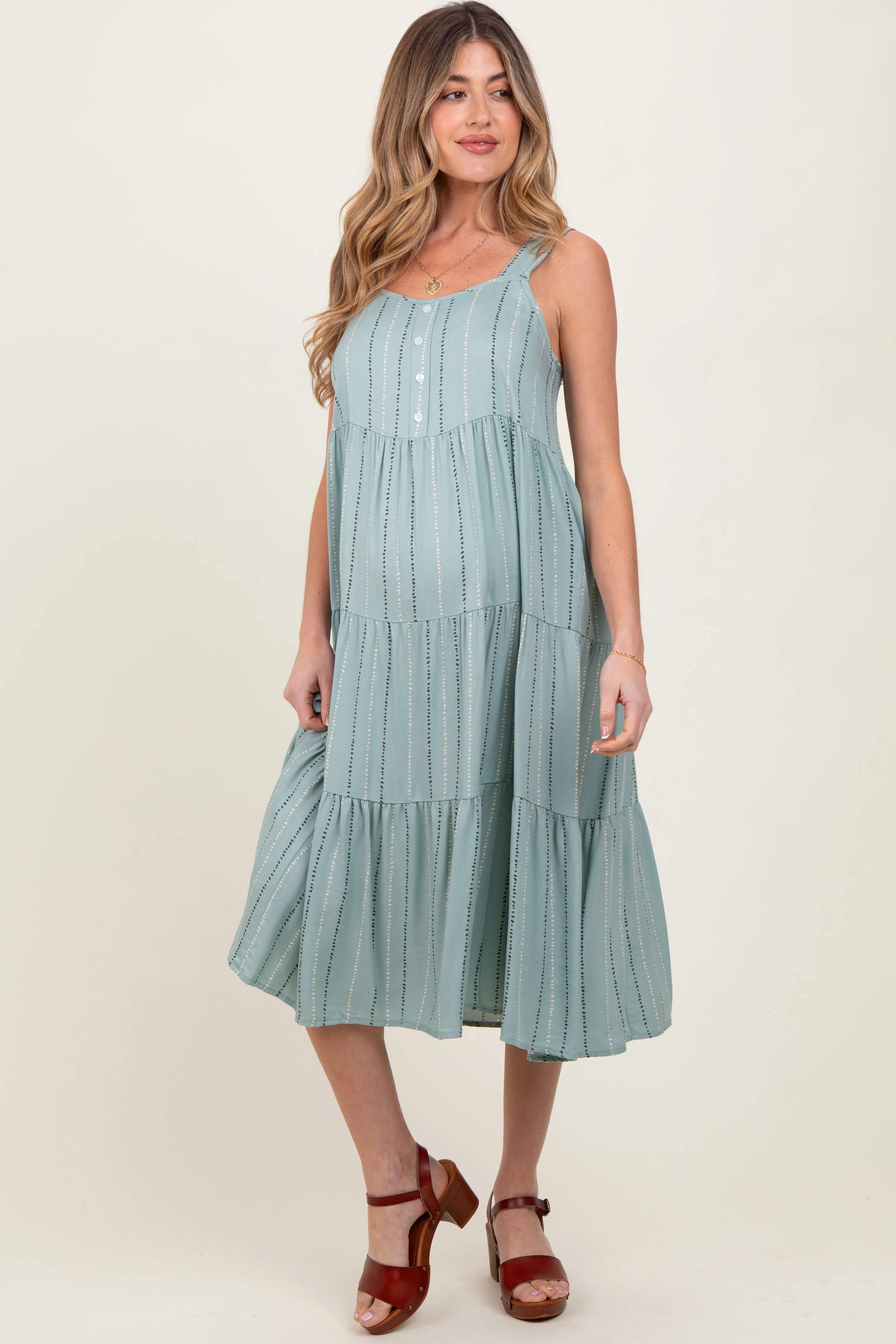 Light Olive Dot Stripe Tiered Maternity Midi Dress sold by Pinkblush