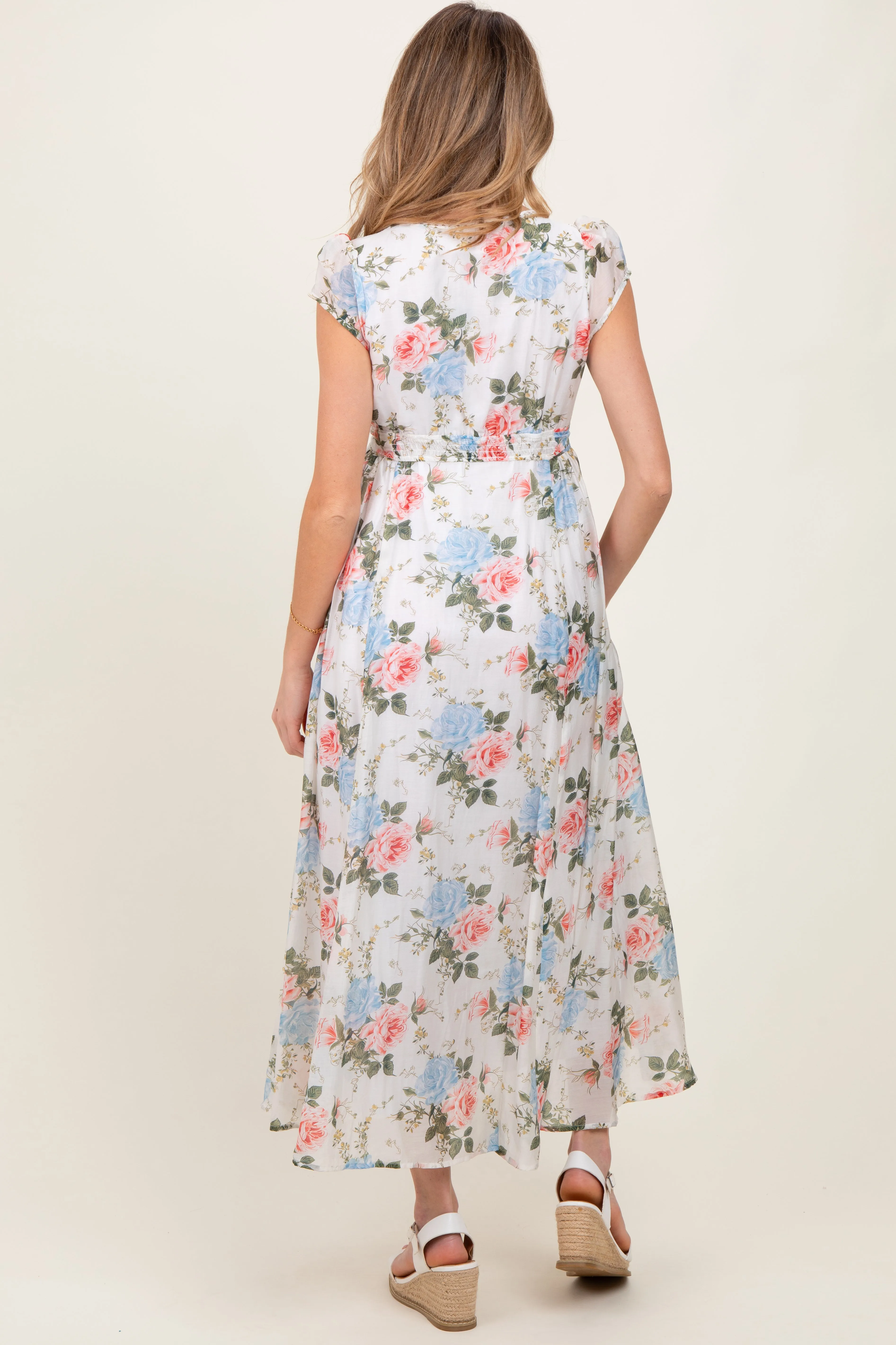 Ivory Garden Floral Lace Trim Button Down Maternity Midi Dress sold by Pinkblush product image thumbnail 3