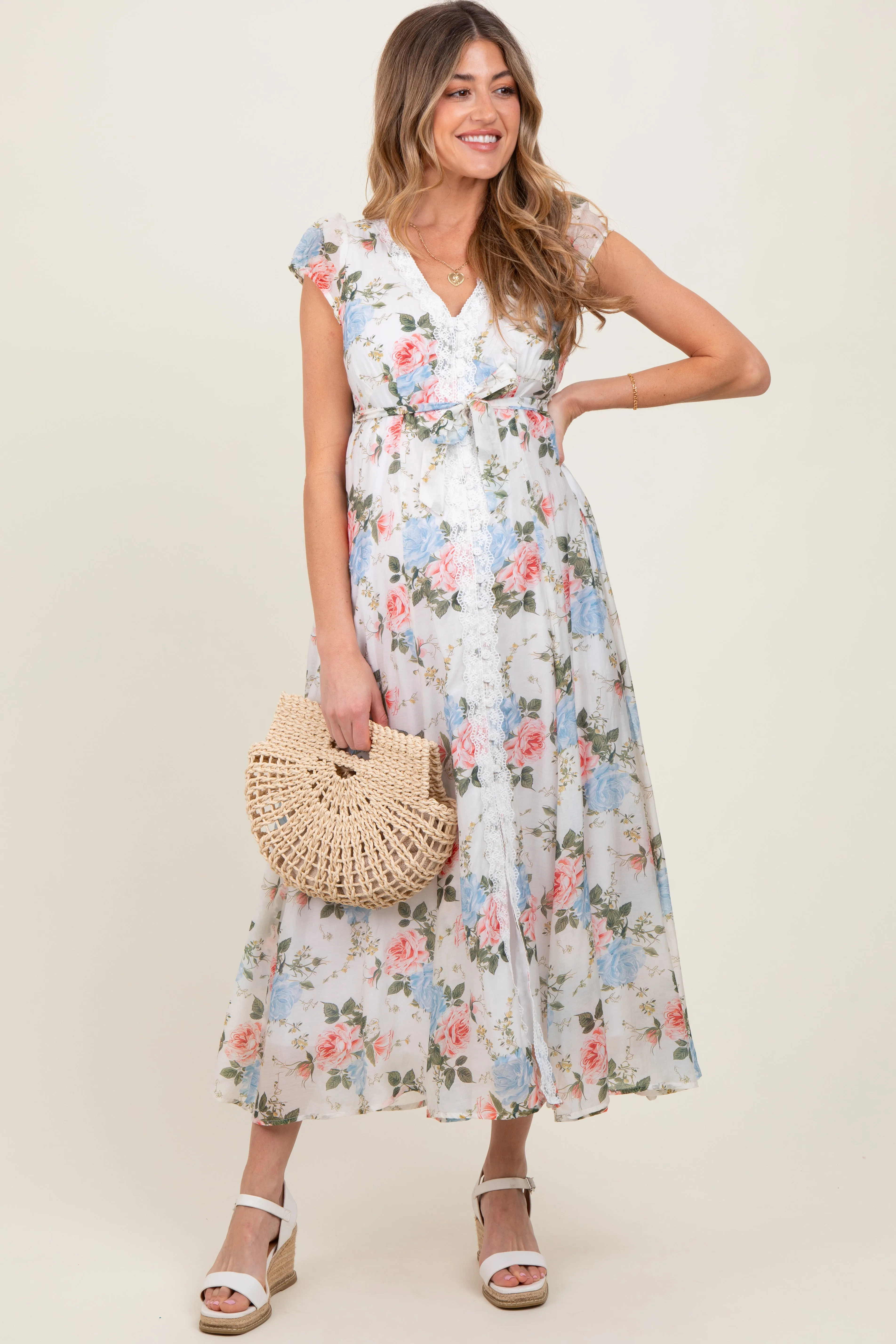 Ivory Garden Floral Lace Trim Button Down Maternity Midi Dress sold by Pinkblush