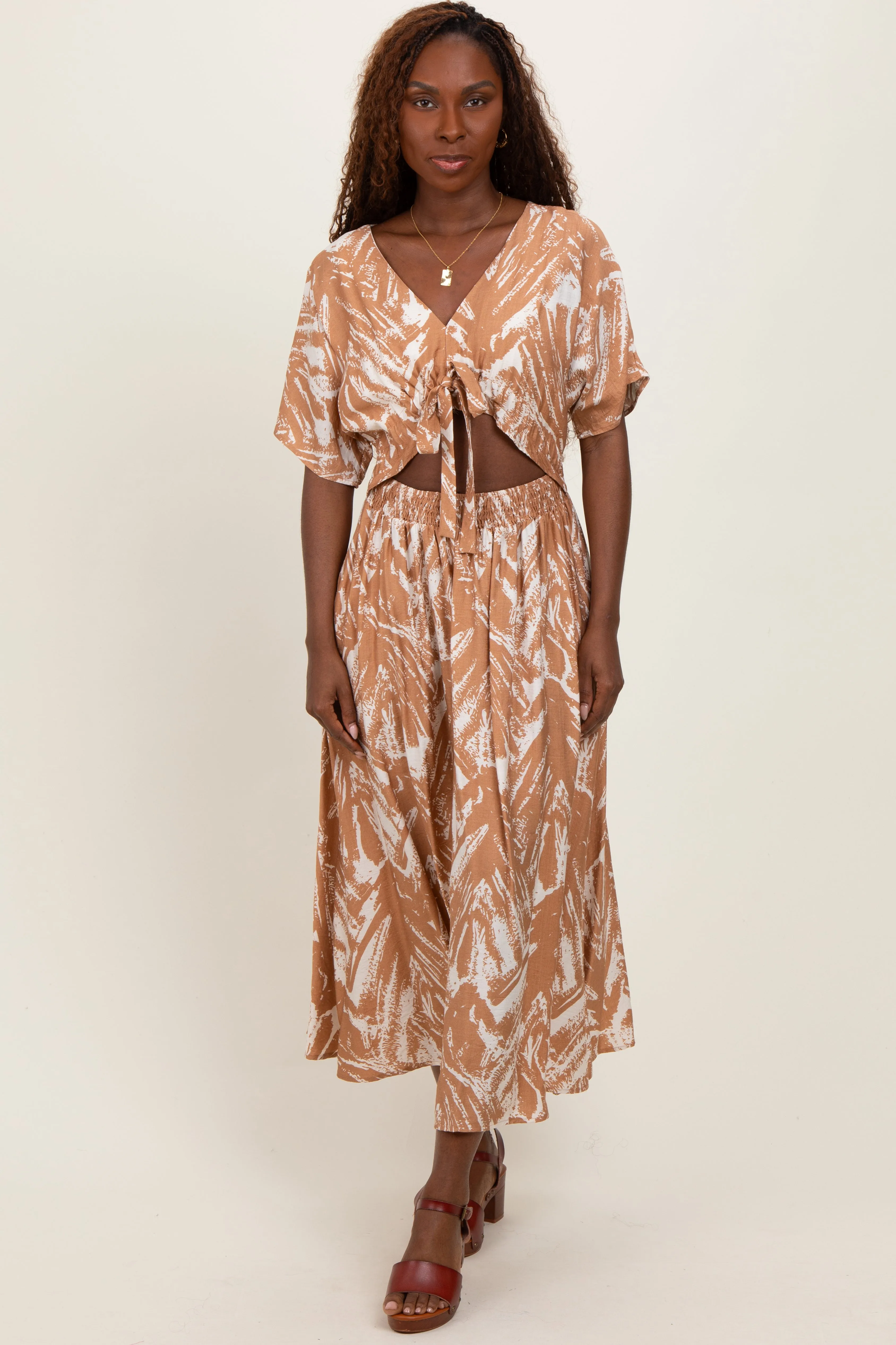 Camel Brushstroke Print Cutout Maternity Midi Dress sold by Pinkblush product image thumbnail 4