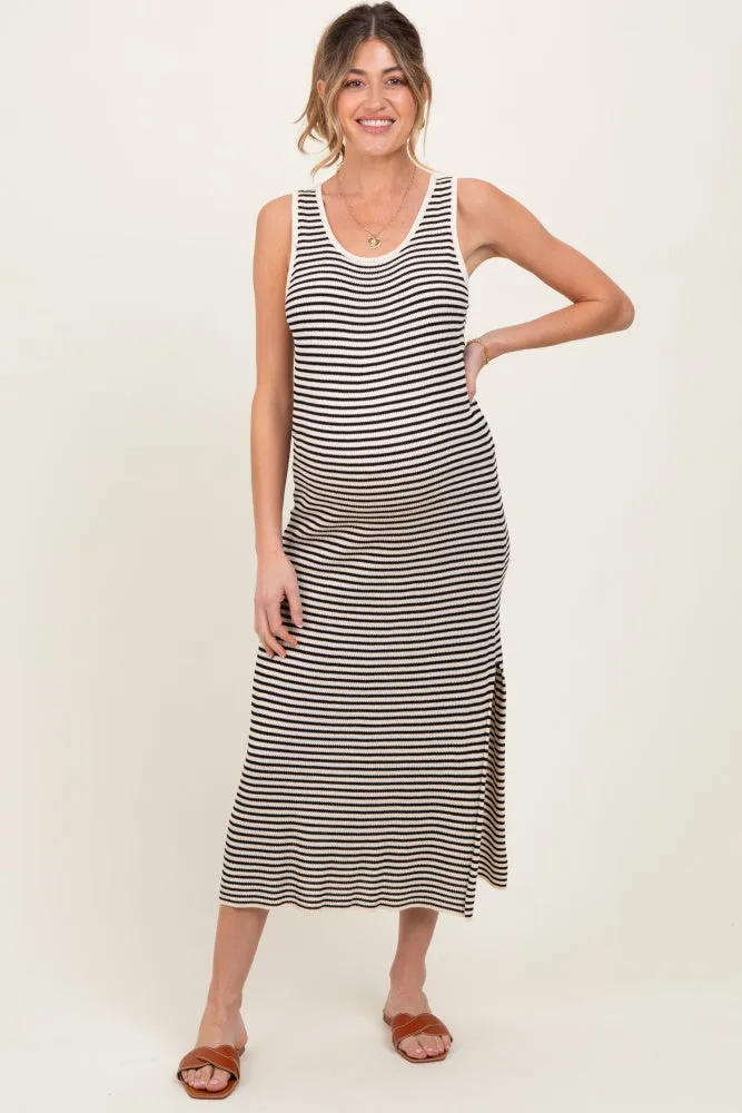 Black Striped Sleeveless Side Slit Maternity Midi Dress sold by Pinkblush