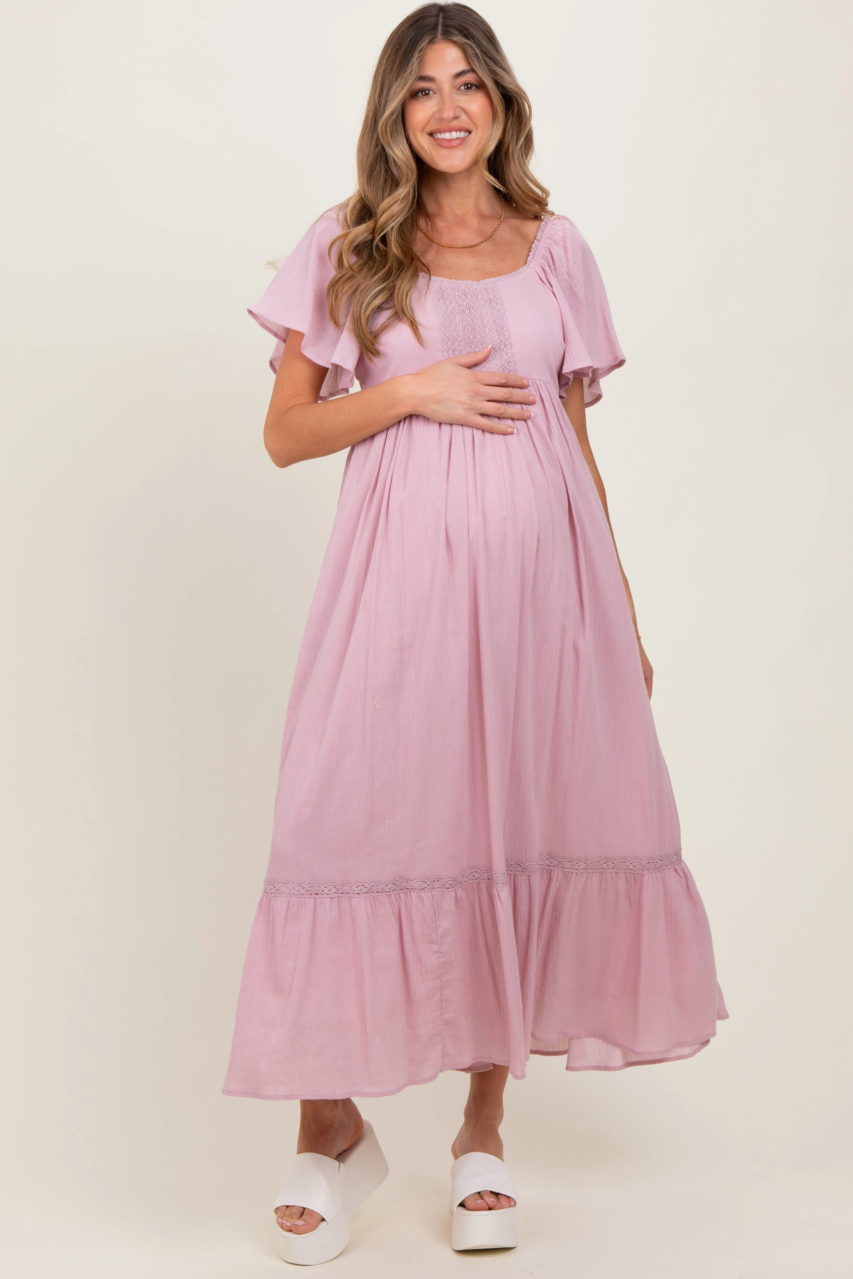 Light Pink Lace Square Neck Maternity Maxi Dress sold by Pinkblush