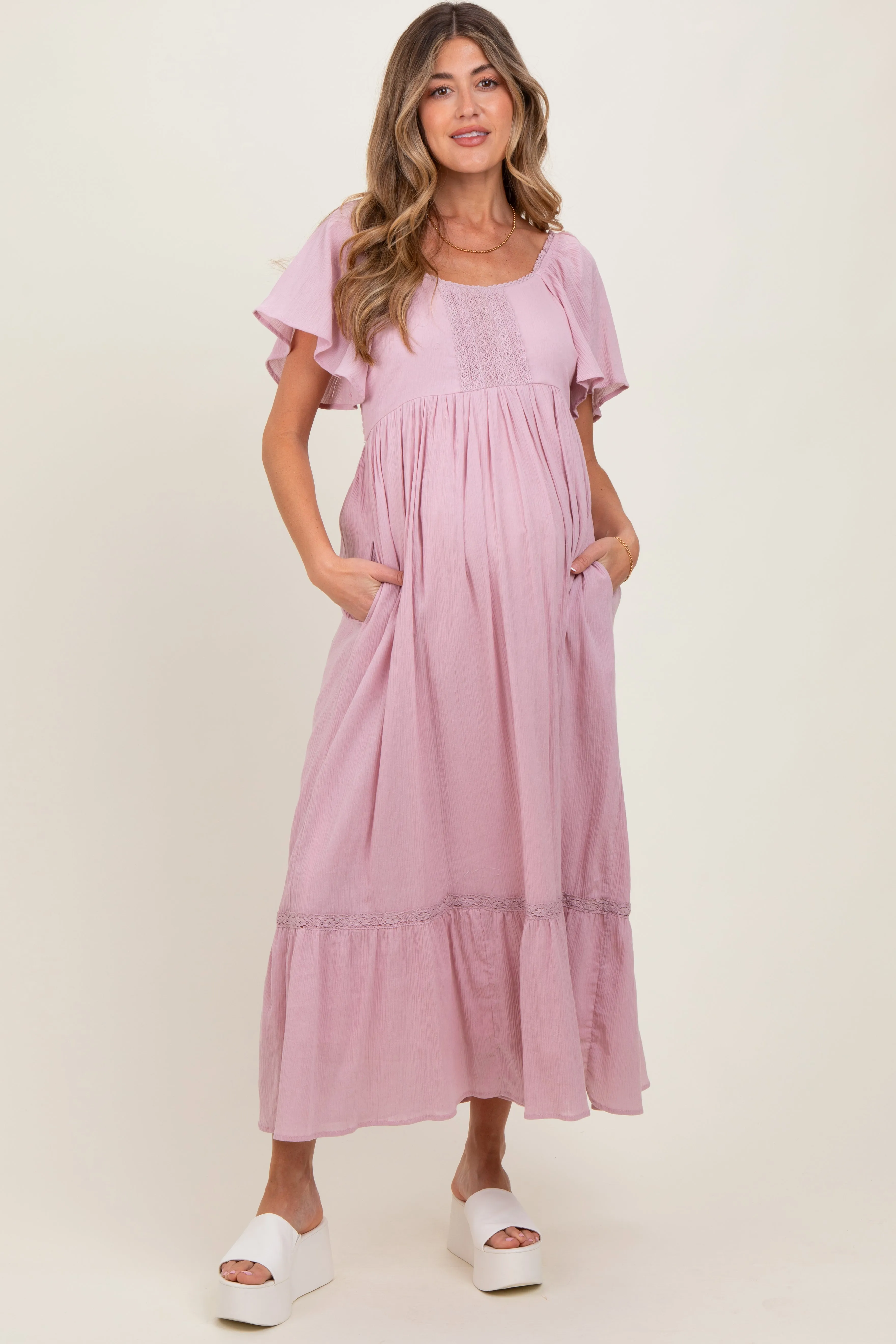 Light Pink Lace Square Neck Maternity Maxi Dress sold by Pinkblush product image thumbnail 2