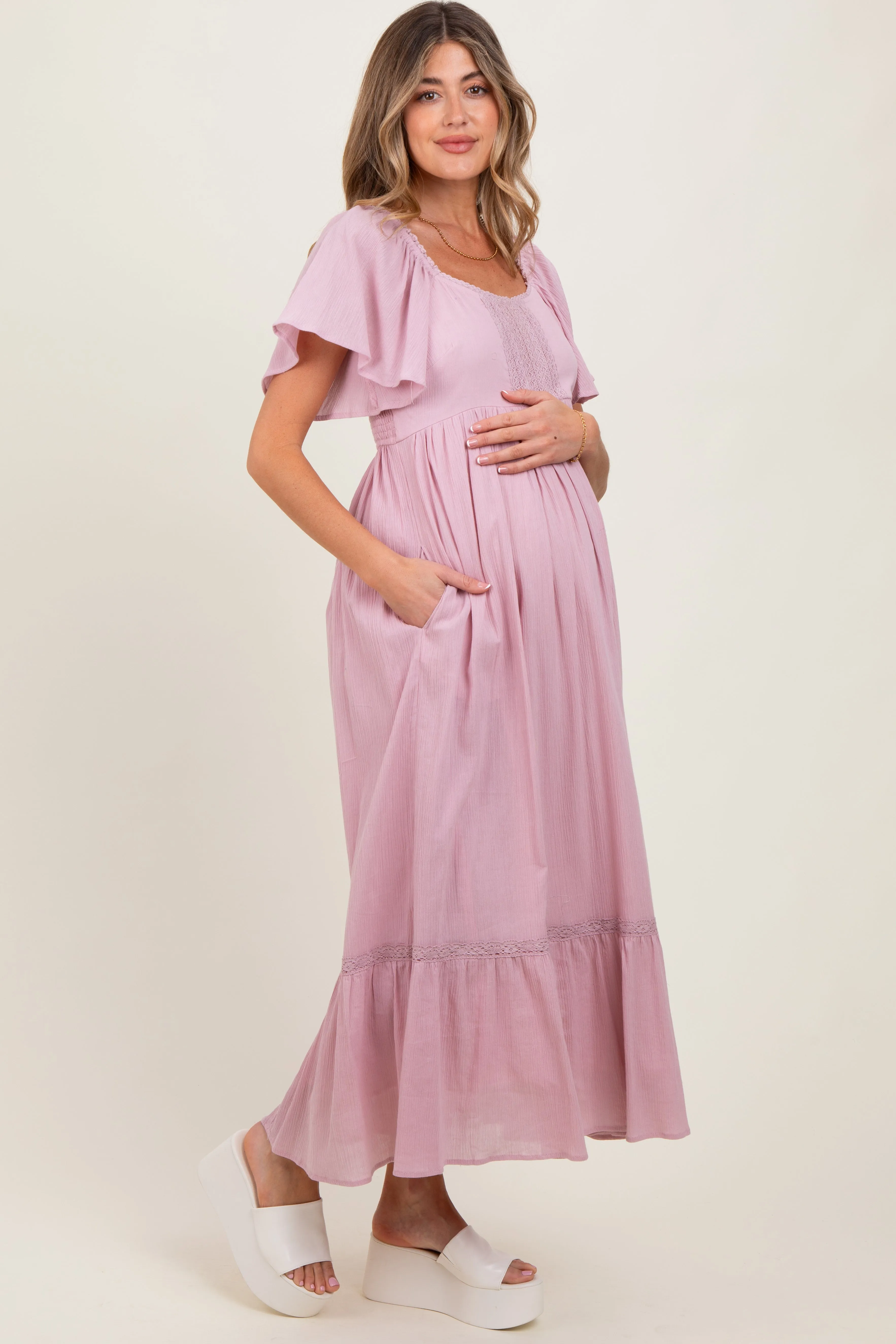 Light Pink Lace Square Neck Maternity Maxi Dress sold by Pinkblush product image thumbnail 3