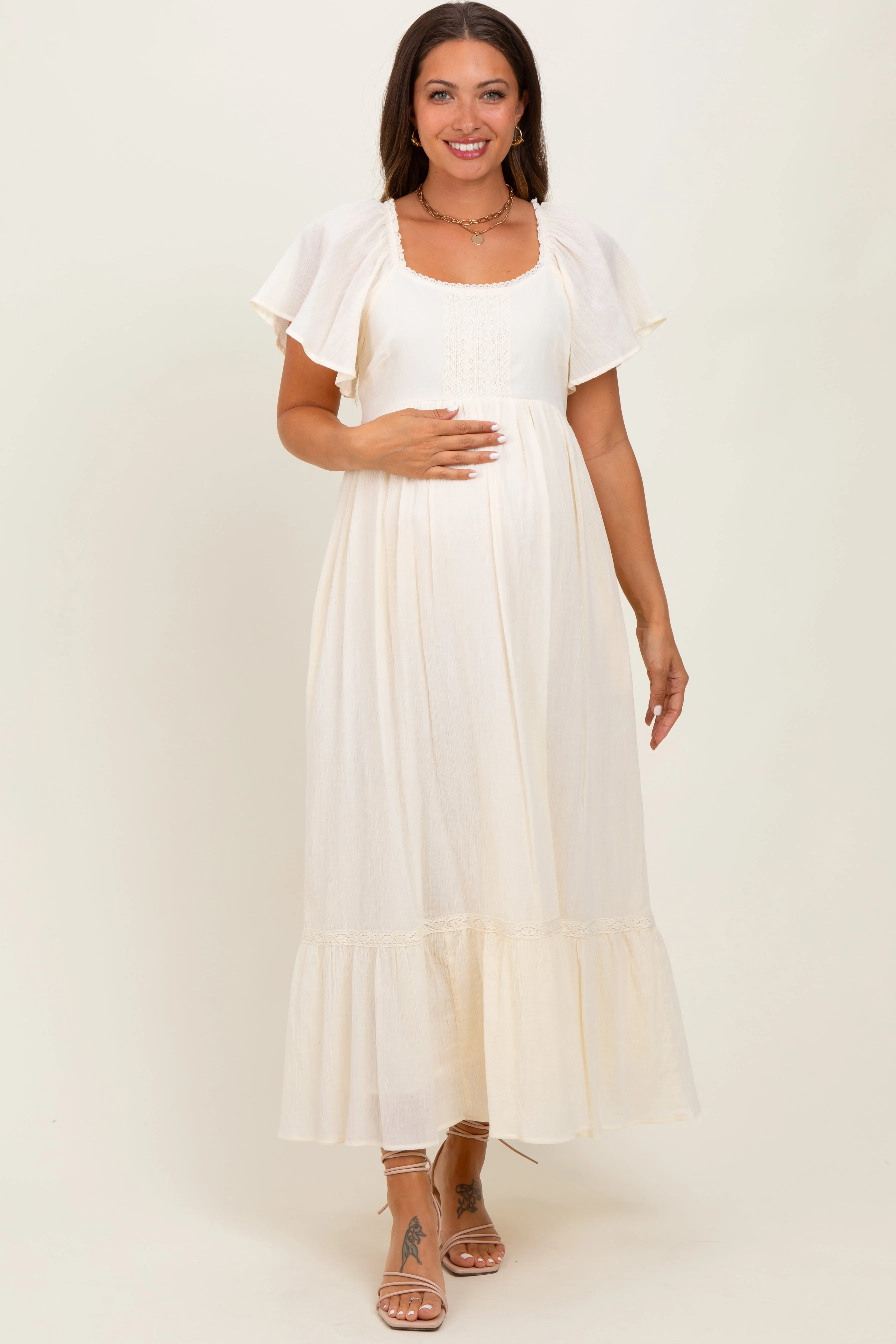 Cream Lace Square Neck Maternity Maxi Dress sold by Pinkblush