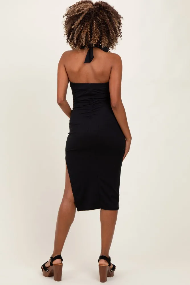 Black Halter Tied Criss-Cross Ribbed Maternity Midi Dress sold by Pinkblush product image thumbnail 3