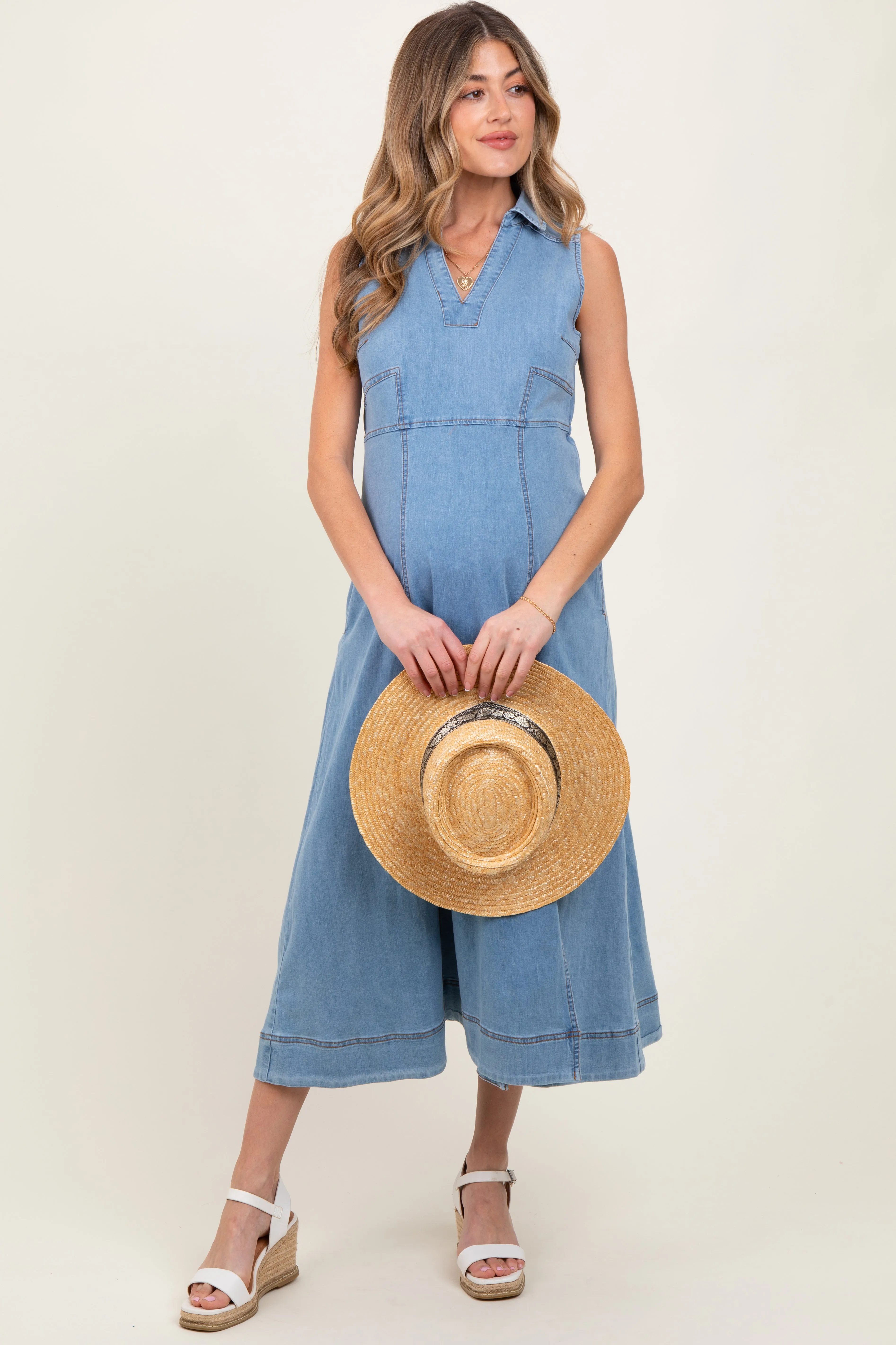 Light Blue Wash Collared Denim Flare Maternity Midi Dress sold by Pinkblush product image thumbnail 2