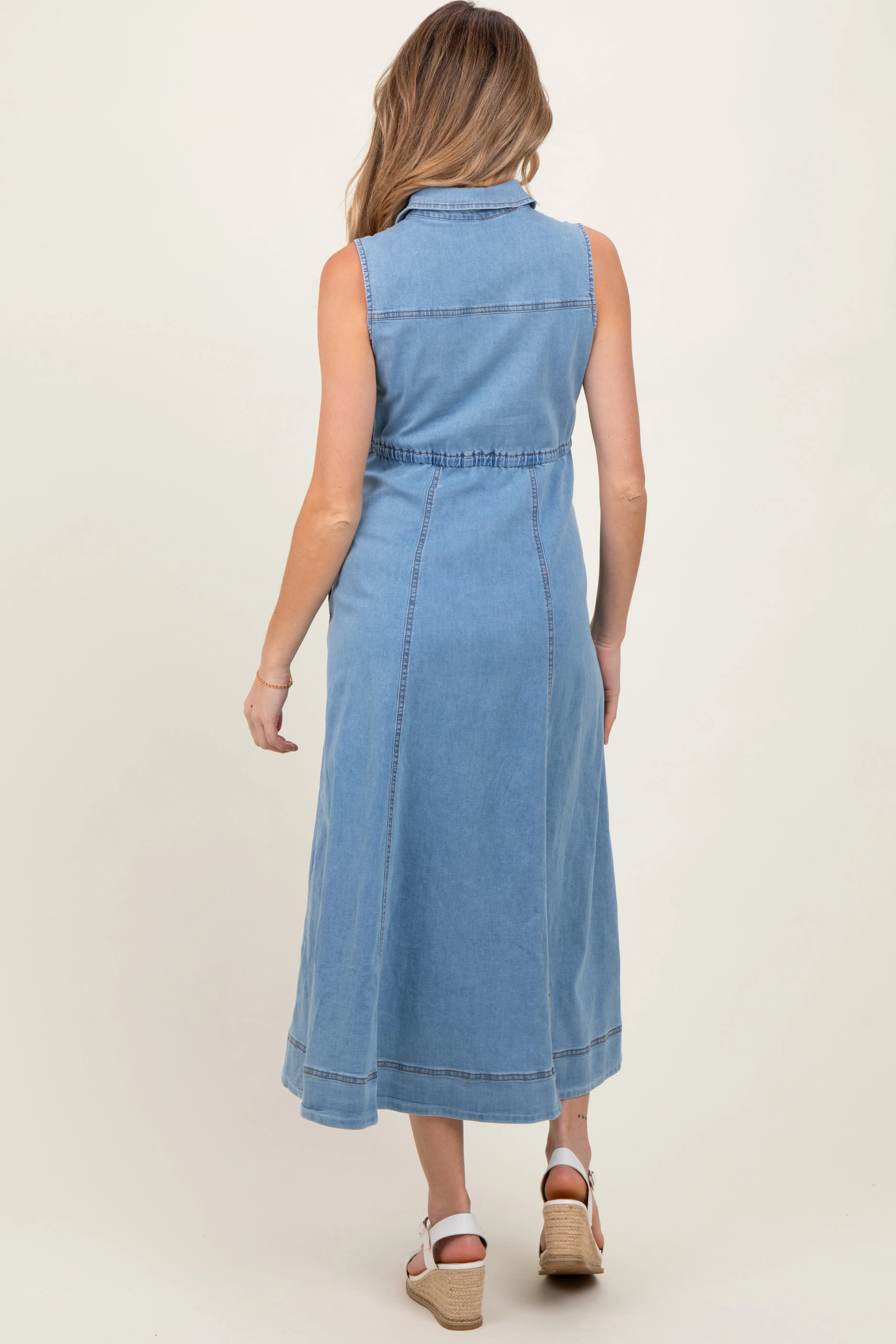 Light Blue Wash Collared Denim Flare Maternity Midi Dress sold by Pinkblush product image thumbnail 3