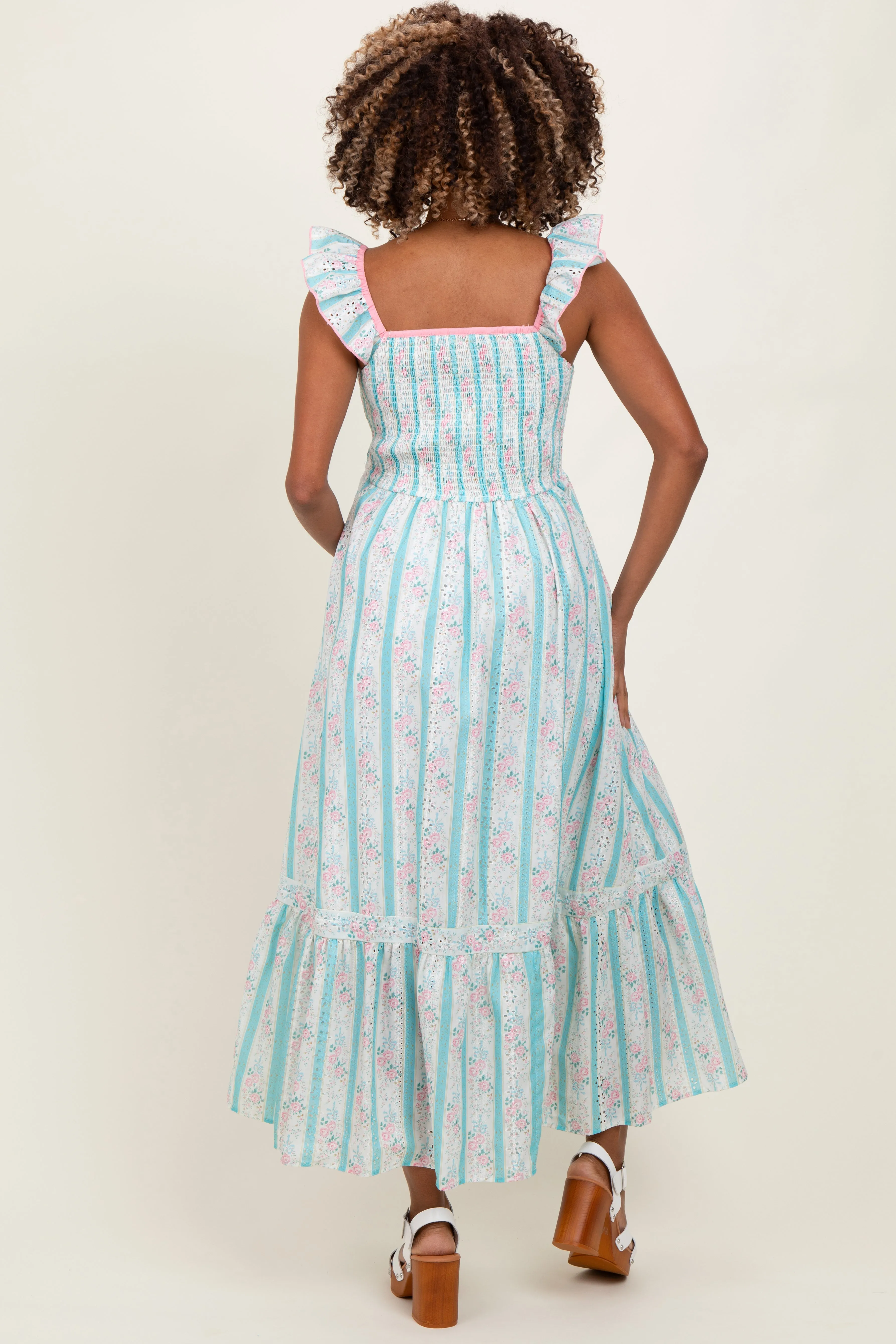 Light Blue Striped Vintage Floral Smocked Maternity Maxi Dress sold by Pinkblush product image thumbnail 2